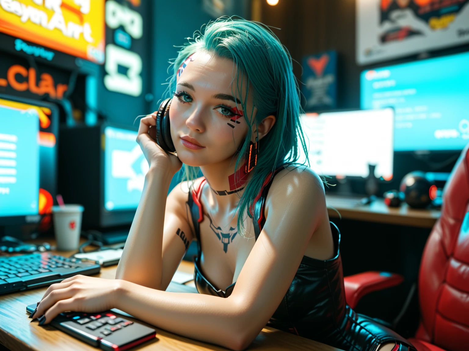 Anime girl in futuristic suit sitting at desk with computer and monitor, Cyberpunk Art by Android Jones, trending auf cg society, digital art, Digital Cyberpunk - Anime Art, digital cyberpunk anime art, cyberpunk anime, Dreamy Cyberpunk Girl, female Cyberpunk Anime Girl, Cyberpunk Anime Girl,  anime cyberpunk art, cyberpunk art style, cyberpunk 2 0 y. o Model Girl