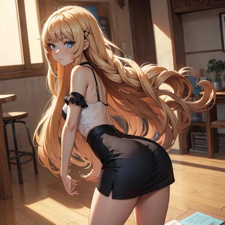 anime girl, blond long hair, masterpiece, highres, super detail, anatomically correct, high details, (solo), spaghetti strap top, black pencil skirt, tight, over the knee skirt,, big ass, bending over