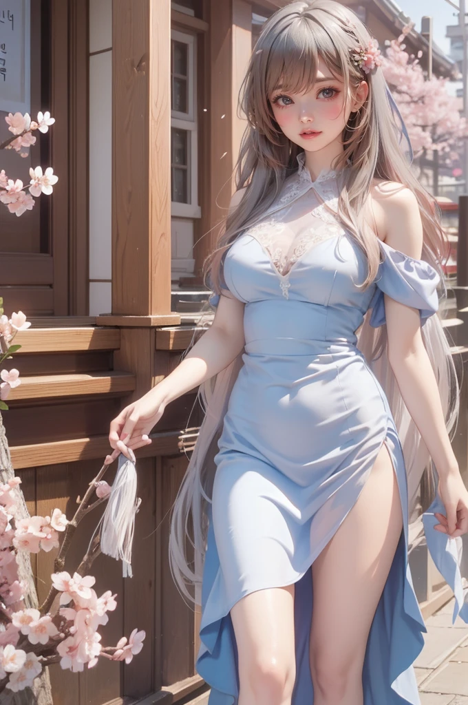 (Extremely normal body:2.0)Japan Highway:1 Elf beauty,White crop top top,(Elf long ears),Light blue super short hair,A bun,Blue-lace-trimmed maxi dress),Long blue dress,Skirt that reaches the feet,White short stockings,Mary Jane low heels,two longer legs,Normal feet , very detailed eyes and faces, Sharp pupils, realistic pupil, tack sharp focus, cinmatic lighting,full bodyesbian,Bigboobs,long leges,From the front side,dynamicposes,Normal posture,closeup of face