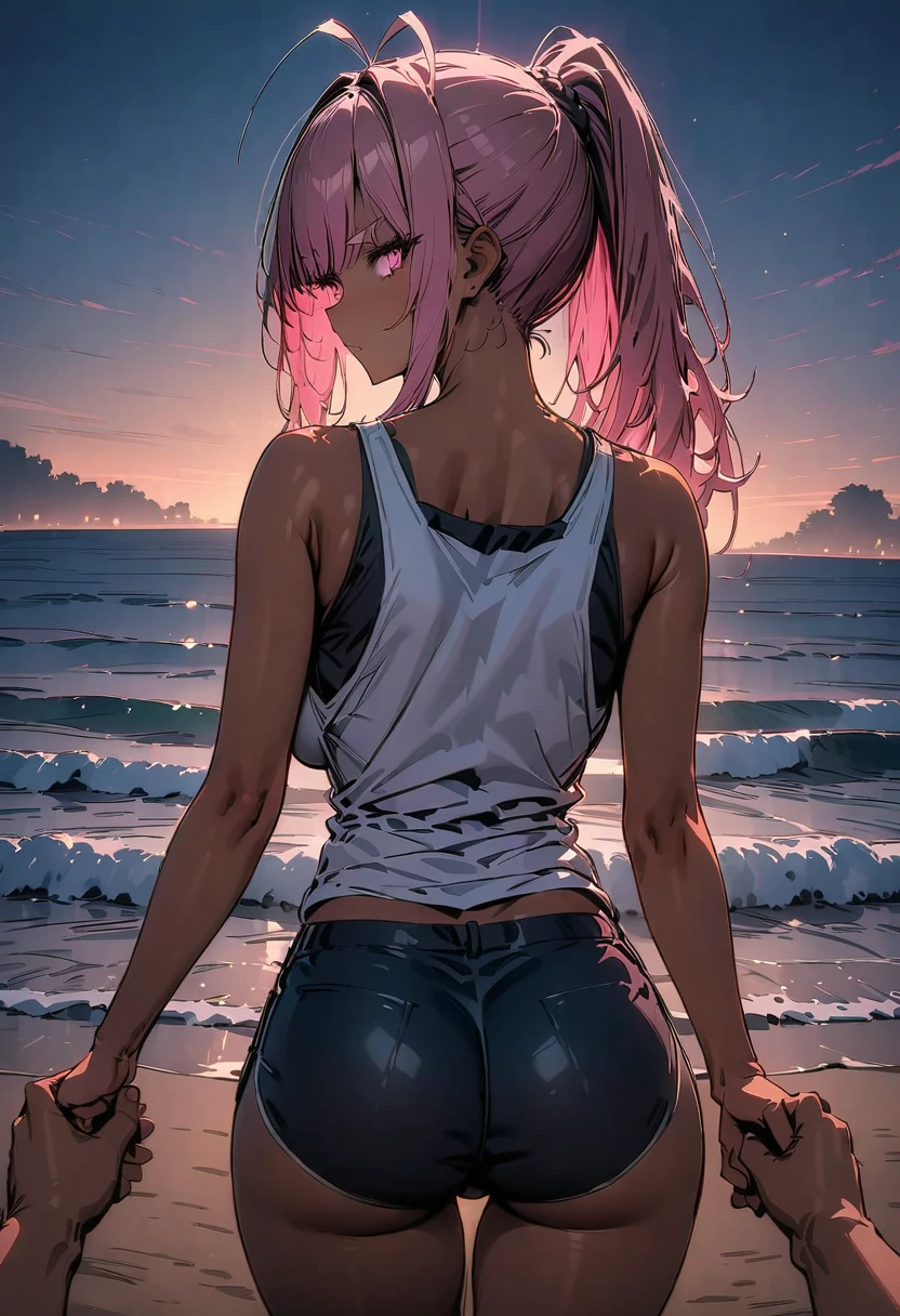 (vector image:1.2), (best quality), (highres), (masterpiece), (anime), (young teenage girl), (gloomy orgasm:1.1),(colored hair), (blush), (sporty top), ((stockings )), (denim shorts), ( drowned in quicksand bog), (red),sky, from back, provocative sexy, turns around, tease with her back
