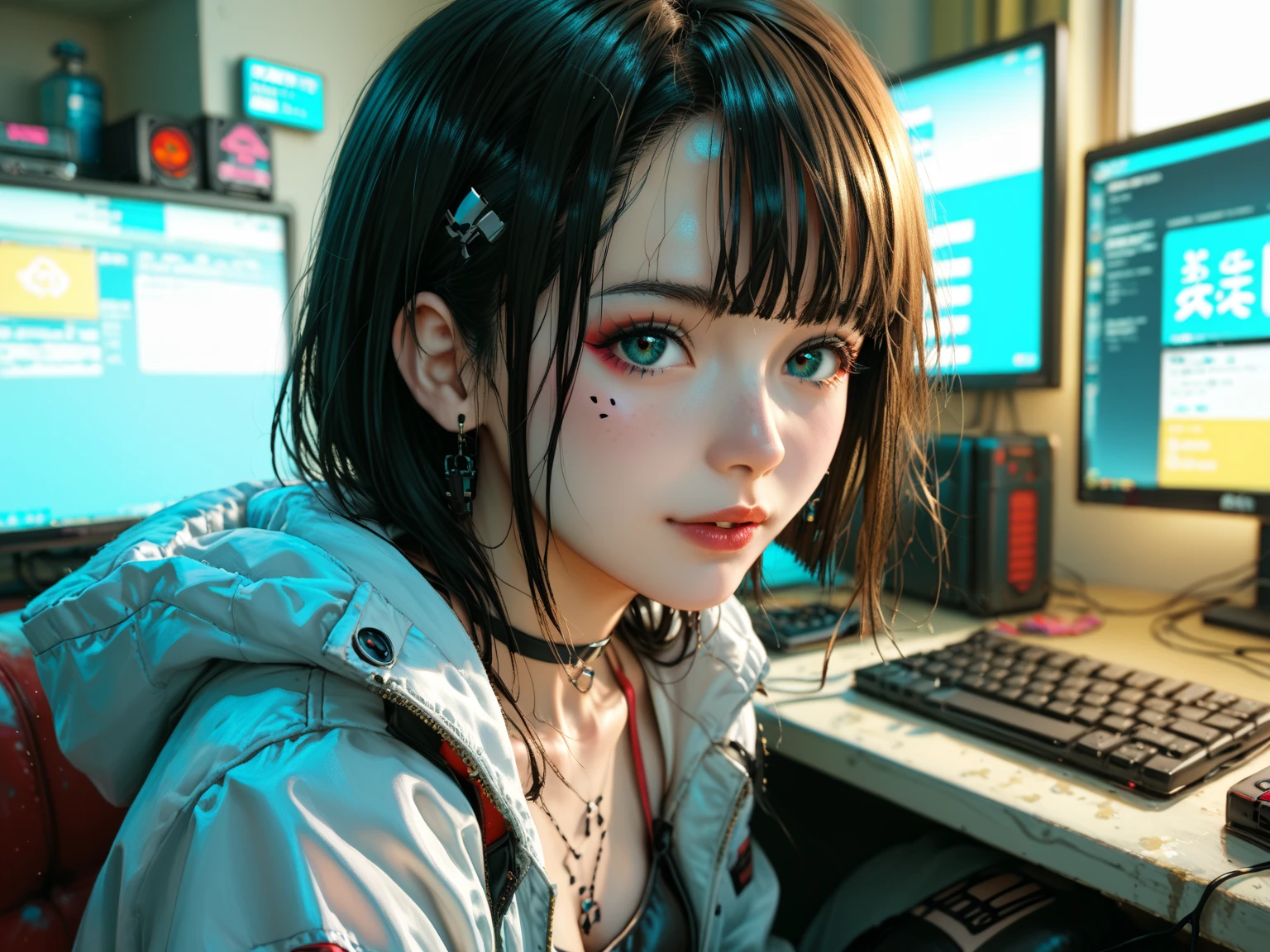  anime scene of a man and a woman in a room with a computer, by Yuumei, cyberpunk anime, moderner Science-Fiction-Anime, Digital Cyberpunk - Anime Art, digital cyberpunk anime art, Anime Concept HDR Anime McManus ,  anime art wallpaper 8 k ,  anime art wallpaper 4k ,  anime art wallpaper 4 k ,  anime cyberpunk art, 4k anime wallpaper