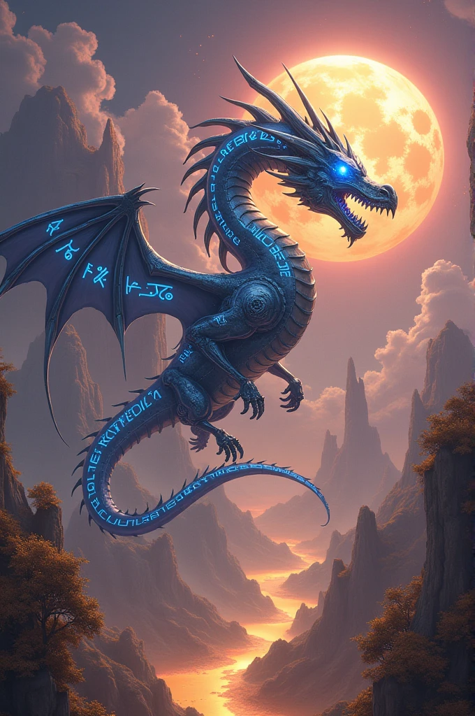 Blue dragon with very strong body, in a green glif above the sky, sky in the background 
