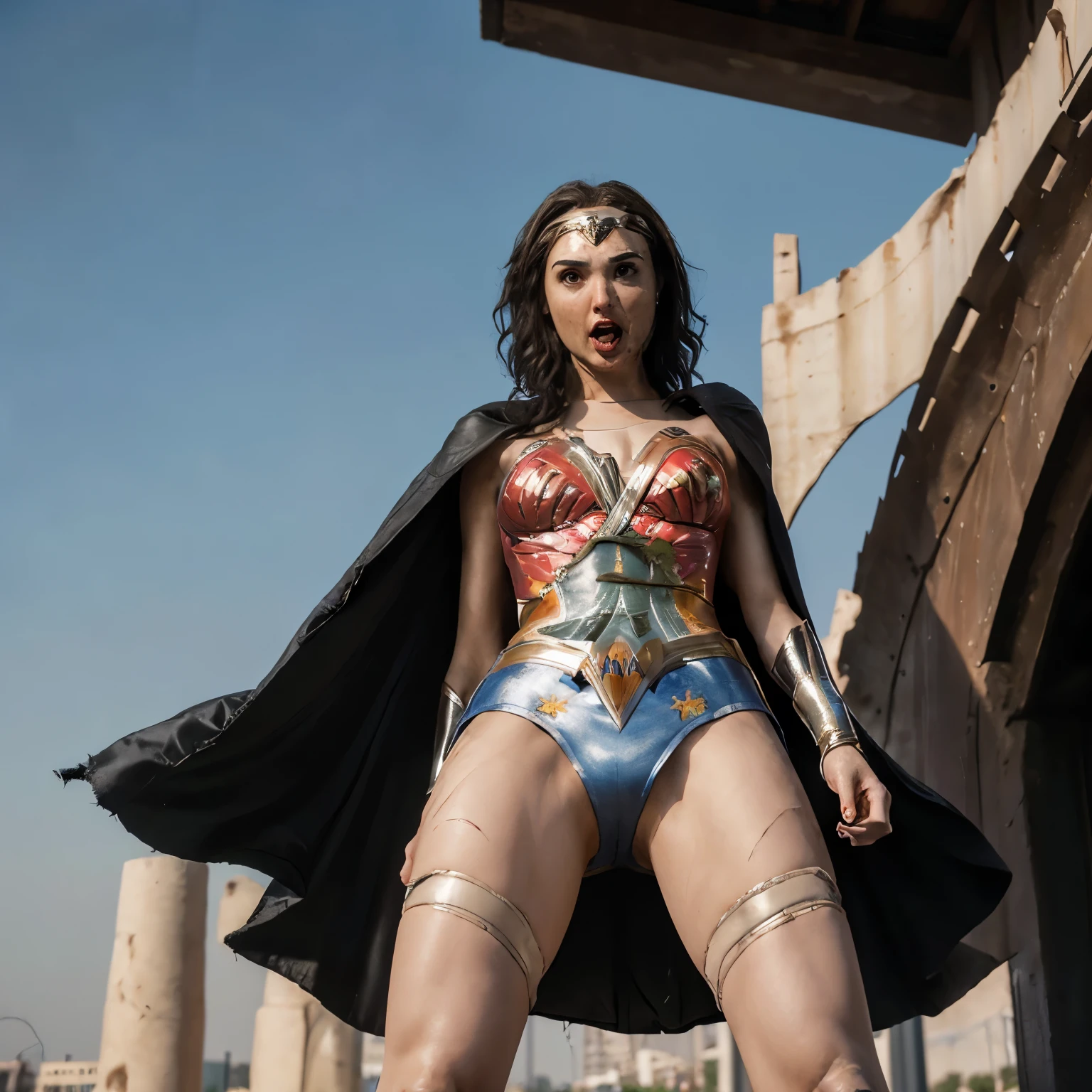 (masterpiece), best quality, expressive eyes, perfect face,(The light illuminates the groin),Alone,1girl, super high resolution,4K, super detailed,8k,Alone,((screaming Gal Gadot open thighs manspread urination1:1.5)),WonderWoman, up skirt,((white panties)),(partially visible vulva),camel ropes, (city sky),((shoot from below)),wind from below, brunet hair,make up,((torn costumes)), ((damage)), ((injuries)), ((blood)), ((bruises)),