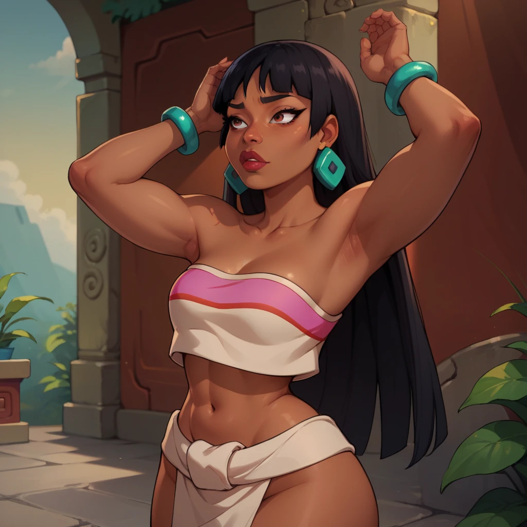 masterpiece,best quality,extreme detail,8k,<lora:menat-10:0.8>,menat2, 1girl, solo, breasts, looking at viewer, smile, short hair, bangs, navel, medium breasts, green eyes, purple hair, alternate costume, dark skin, water, official alternate costume, dark-skinned female, makeup, bandages, outstretched arms, tiara, sarashi, circlet, bandaged leg, purple lips, egyptian, naked bandage, mummy