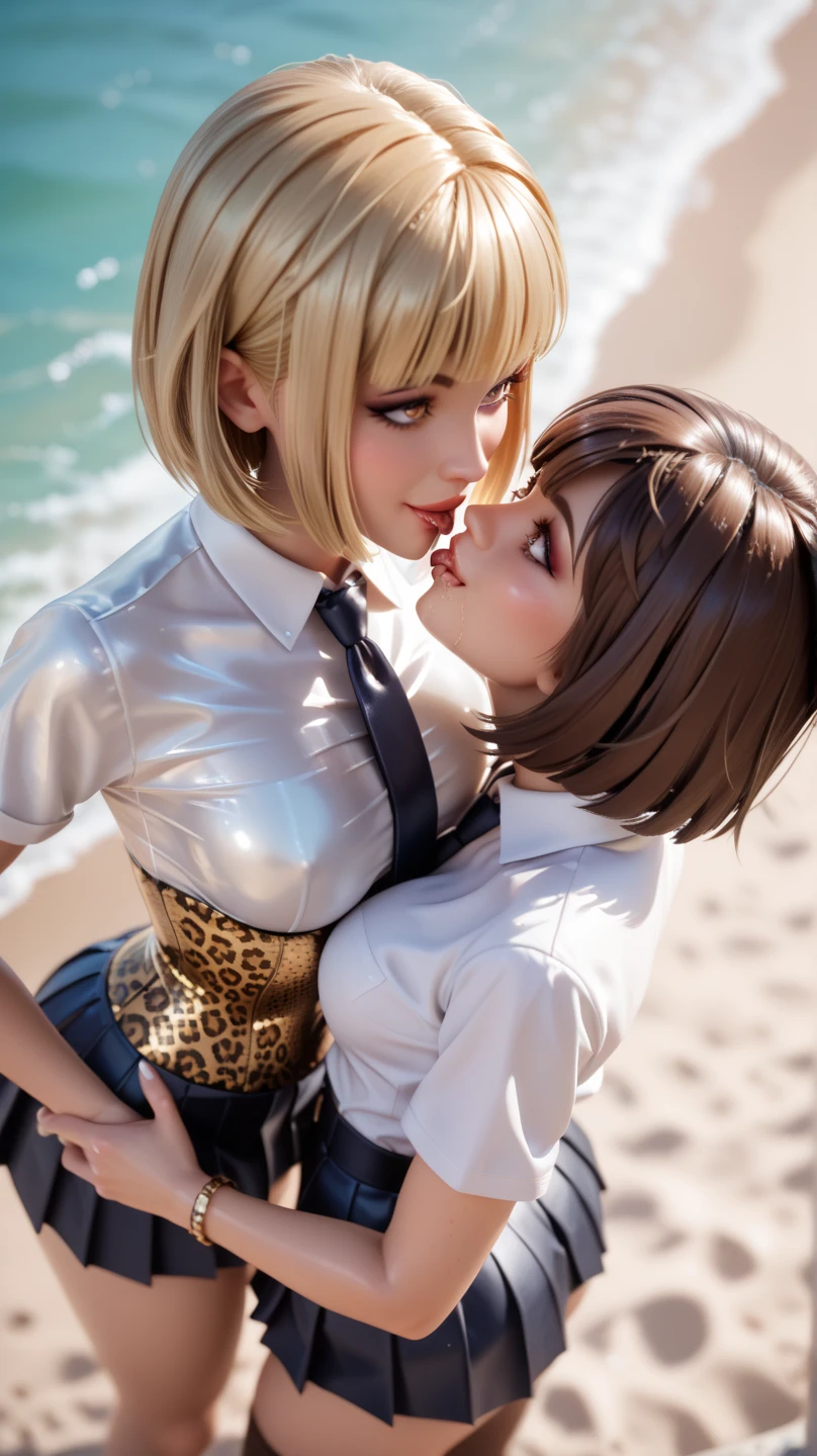 2 girls, In extremely tight shiny golden metallic school uniform with skirt, Necktie, bob cut,  blonde hair, smile, saliva, salivafluss, Spiral eyes, salivaspur, Lens reflection, Reflected light,  very strong shiny skin , Strong Makeup, kiss,Double braids,  brown hair , are on the beach, with corset, with leopard print , bob cut, from above, 