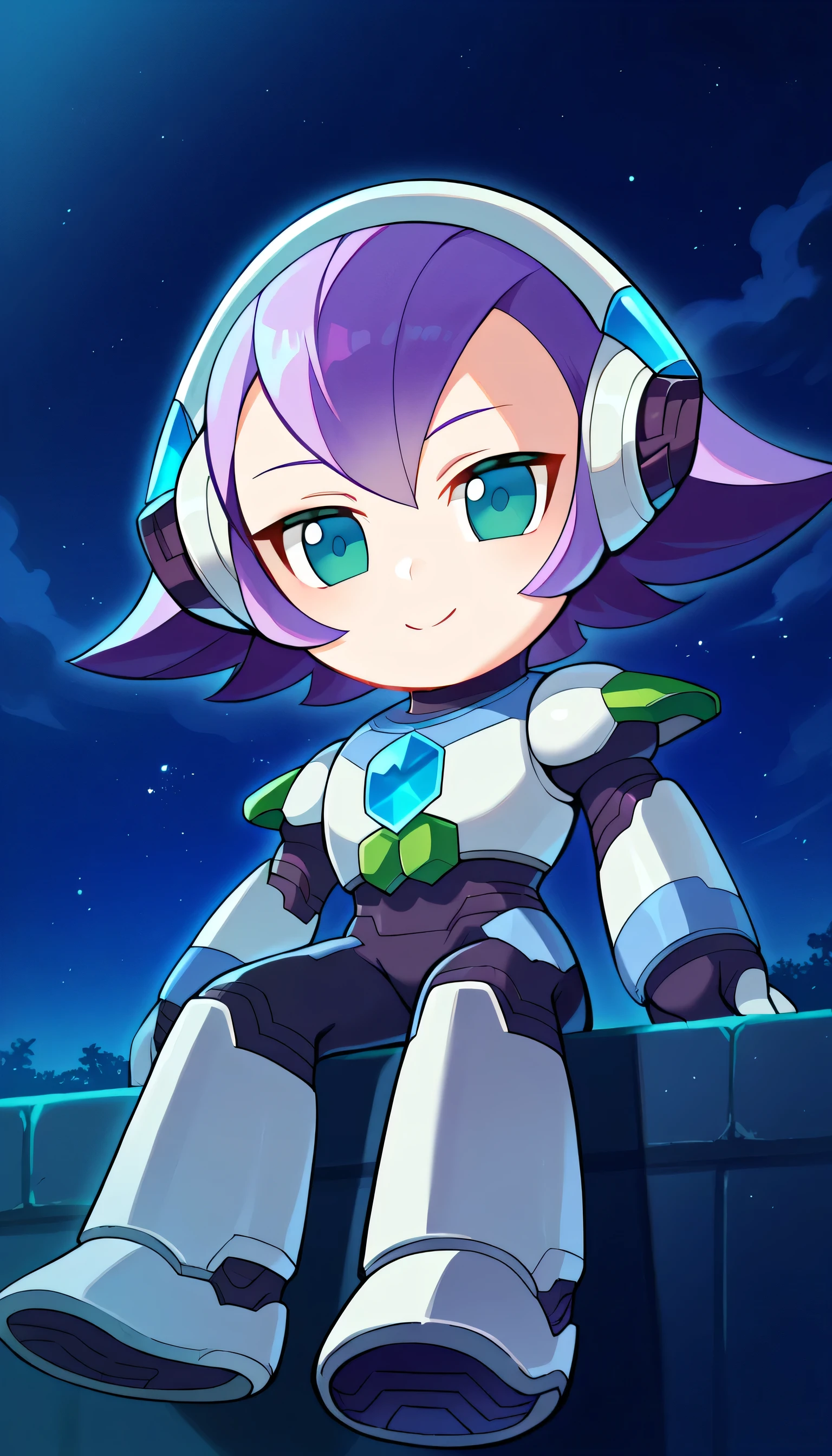 fumo \(doll\), chibi, sitting,Anime, puri, 1girl, luminex8, smile, violet hair, android, white armor, black bodysuit, night, low angle, looking at viewer, night, sky, stars,