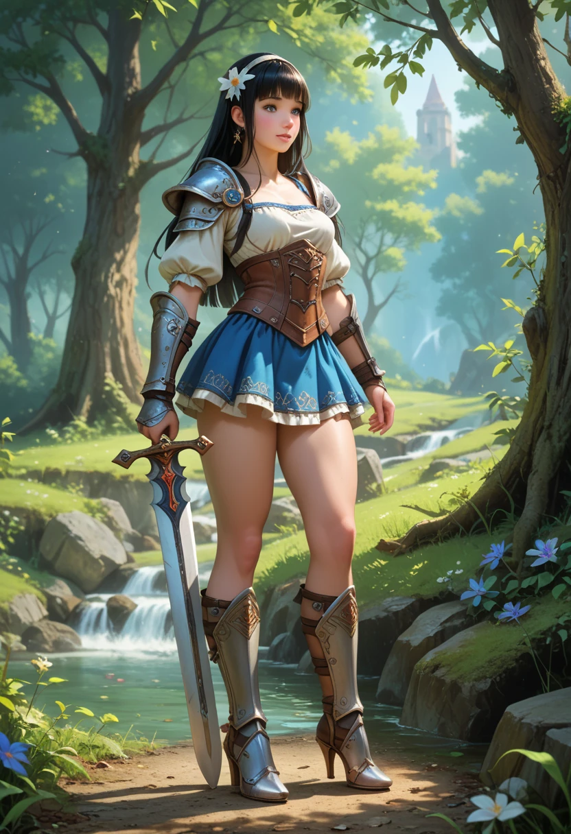 Song Eu-na is a youthful 18 yo female adventurer in a world of medieval high-fantasy story. Her job is warrior. Rocking that luscious long jet-black hair with blunt bangs and deep emerald eyes, she's also sporting a 90-62-100 B-W-H size. Her model long legs with thick thighs are to die for, both literally and figuratively. Her beauty is an epitome of natural, beauty. Her choice of armor are light and a bit revealing, western fantasy-style chest plate, mini skirt, gauntlets, heeled greaves. Sword. High fantasy-like, character for jrpg, masterpiece, best quality,