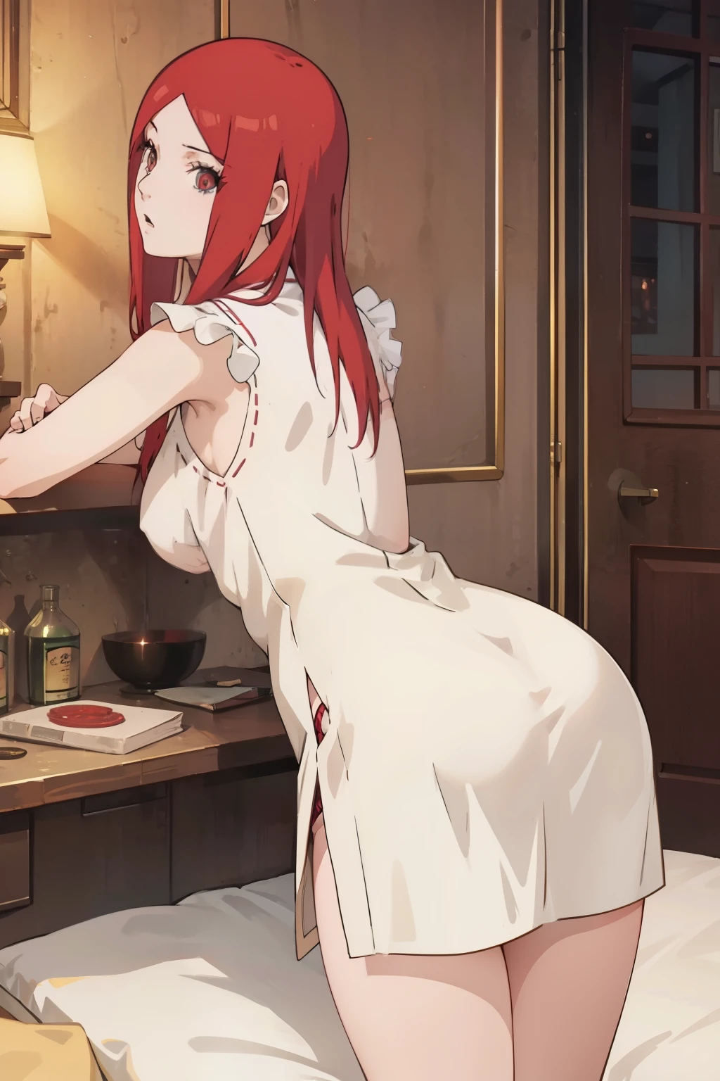 lewd kushina, goddess of beauty, lingerie, red hair, image from behind, perfect ass, face down ass up, bending over, seductive, in bed