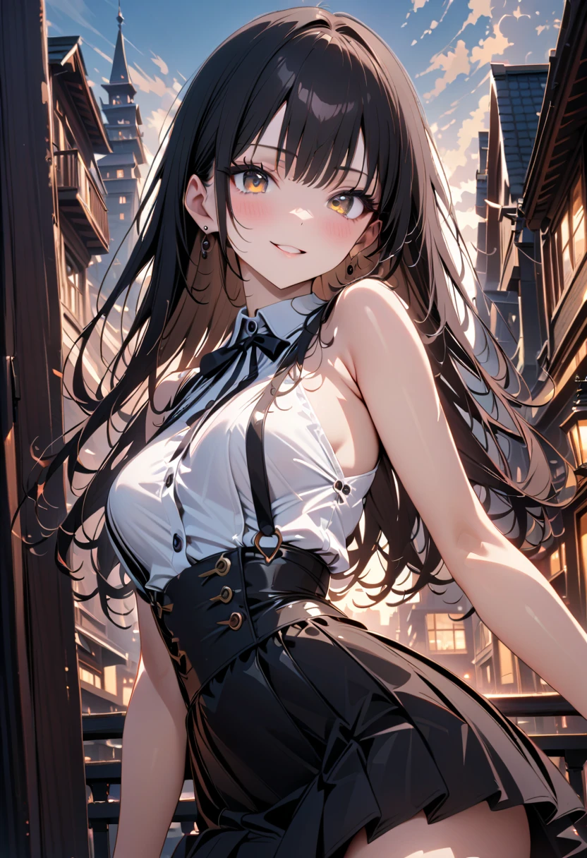 1 girl, (Portrait of a beautiful japanese girl), detailed beautiful face, bangs, long hair, (charcoal black hair), shiny hair, beautiful eyes, (dark brown eyes), light reflecting in the eyes, (finely detailed beautiful eyes: 1.3), double eyelids, (eyelash: 1.2), (eye shadow: 1.2), smiling, seductive expression, blush, medium breasts, cute pose, 
(black pleated skirt, sleeveless collared white shirt, frills, virgin killer outfit, jirai kei), 
sunset, on the terrace of a fashionable cafe in the city, shallow depth of field, BREAK, 
(cowboy shot, from front, looking at viewer:1.3, face focus), deep depth of field, stunning, fascinating, enchanting, broad lighting, cinematic composition, (very detailed, ultra-high resolution, absurdres, highres, masterpiece, best quality, very aesthetic, fine texture, newest, anatomically correct, perfect hands, 8k), 