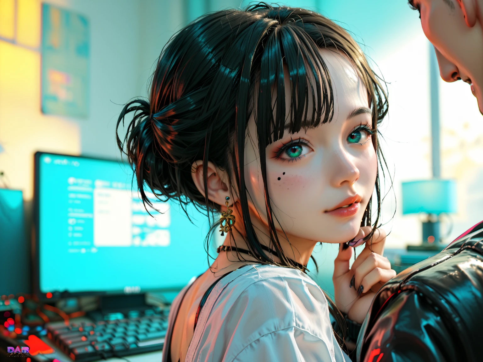  anime scene of a man and a woman in a room with a computer, by Yuumei, cyberpunk anime, moderner Science-Fiction-Anime, Digital Cyberpunk - Anime Art, digital cyberpunk anime art, Anime Concept HDR Anime McManus ,  anime art wallpaper 8 k ,  anime art wallpaper 4k ,  anime art wallpaper 4 k ,  anime cyberpunk art, 4k anime wallpaper