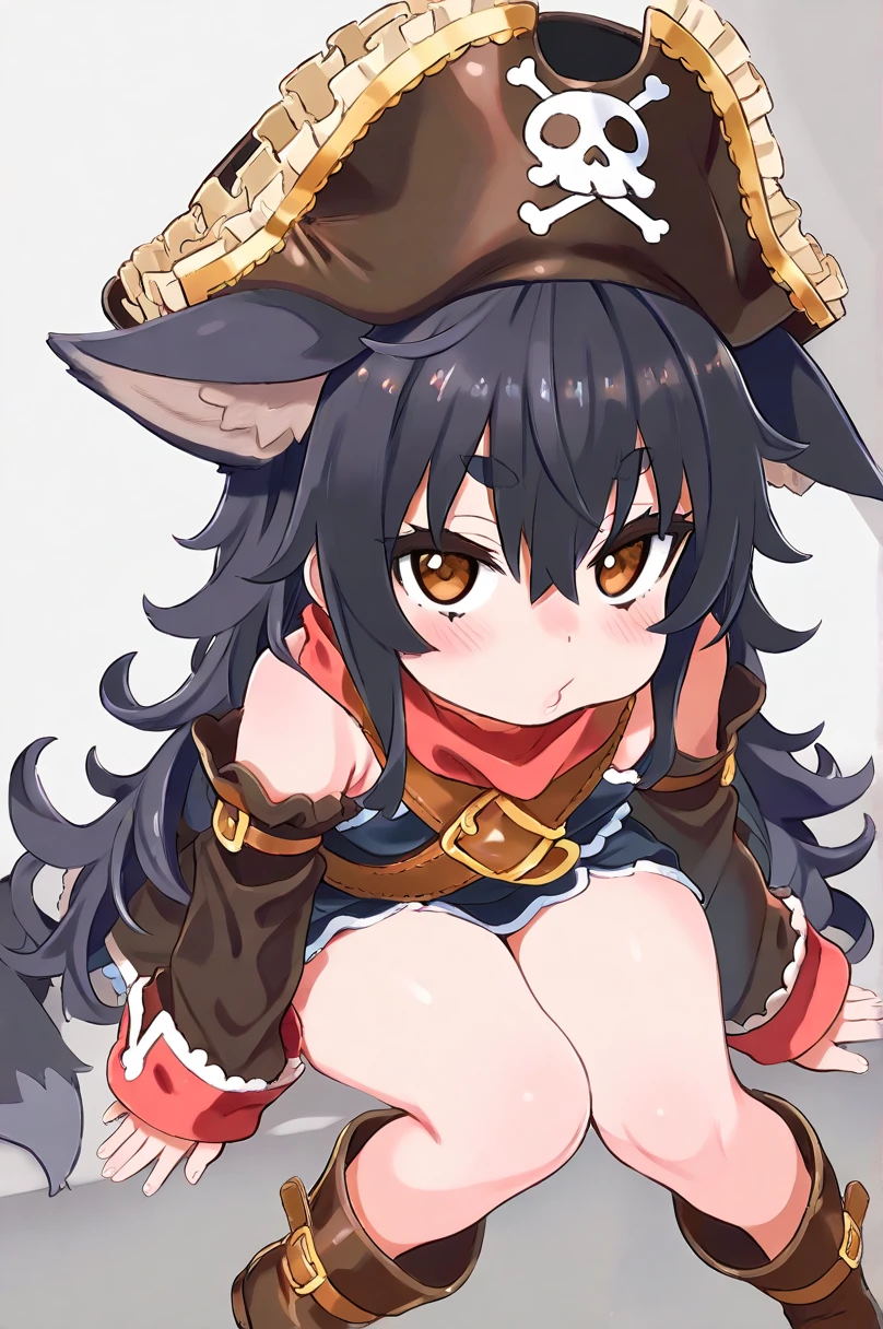 score_9_up, score_8_up, masterpiece, best quality anime  a toddler girl with long flully hair messy hair black hair fox ears ears down ears flop brown eyes plump big cheeks round thick brows small hands and stubby little legs small feet big eyes cute face wearing black and brown Pirates costume belt boots and pirate hat 