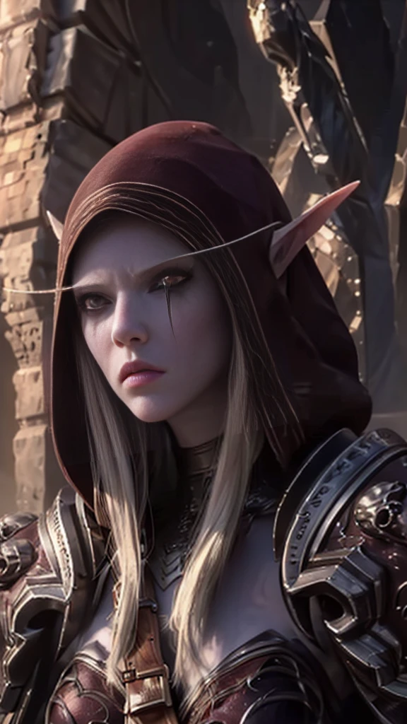 Masterpiece, hd, full detailed, (Sylvanas Windrunner has the appearance of an undead elf, with pale skin and red eyes. Her hair is black with silver highlights, and she wears it in a long braid. His face is beautiful but stern, often wearing an expression of determination or disdain. 