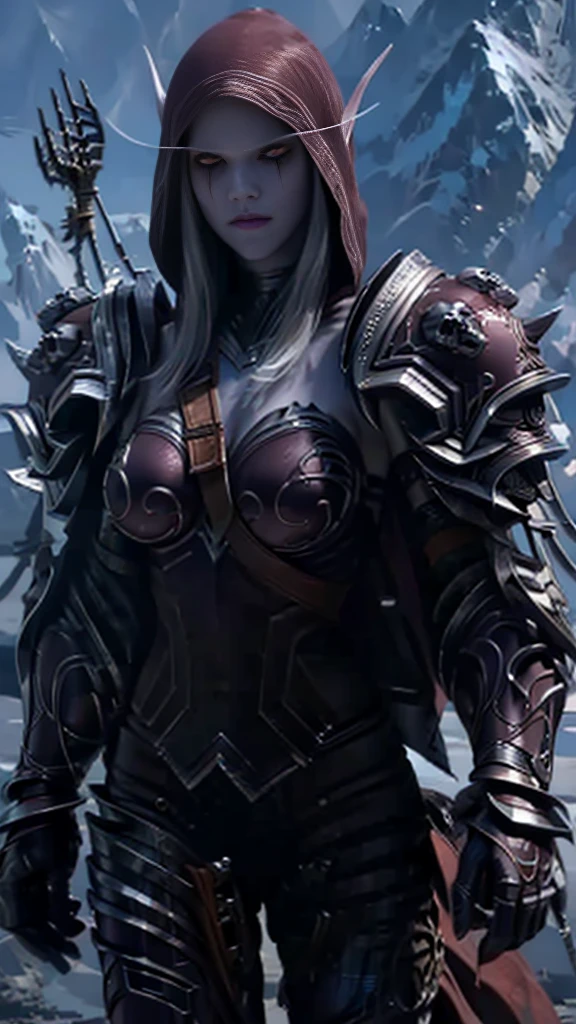 Masterpiece, hd, full detailed, (Sylvanas Windrunner has the appearance of an undead elf, with pale skin and red eyes. Her hair is black with silver highlights, and she wears it in a long braid. His face is beautiful but stern, often wearing an expression of determination or disdain. 