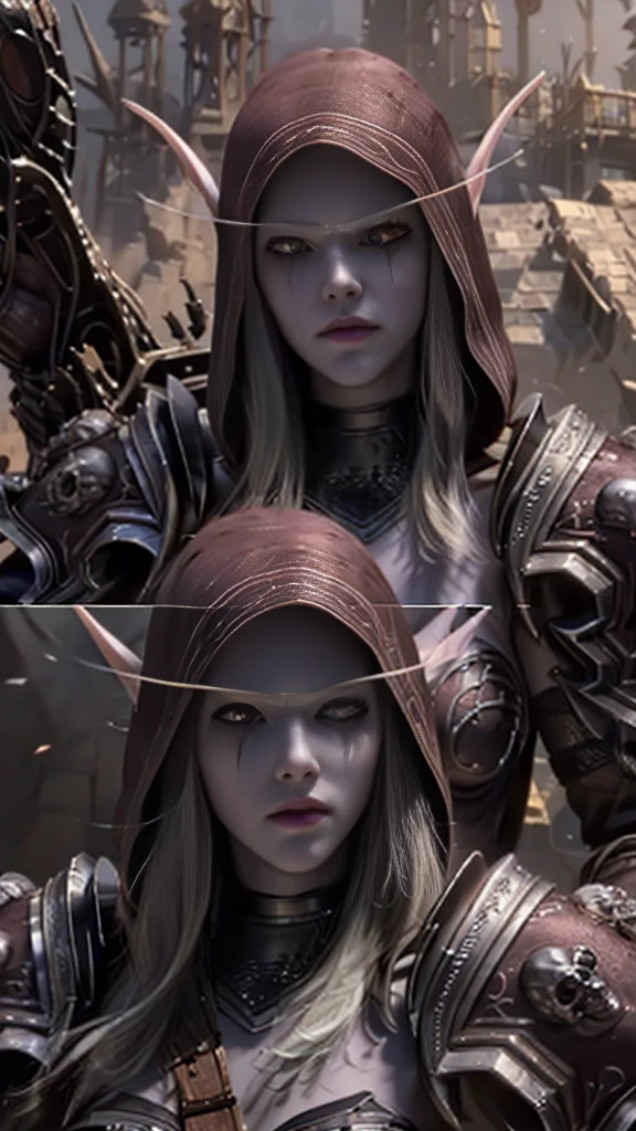 Masterpiece, hd, full detailed, (Sylvanas Windrunner has the appearance of an undead elf, with pale skin and red eyes. Her hair is black with silver highlights, and she wears it in a long braid. His face is beautiful but stern, often wearing an expression of determination or disdain. 