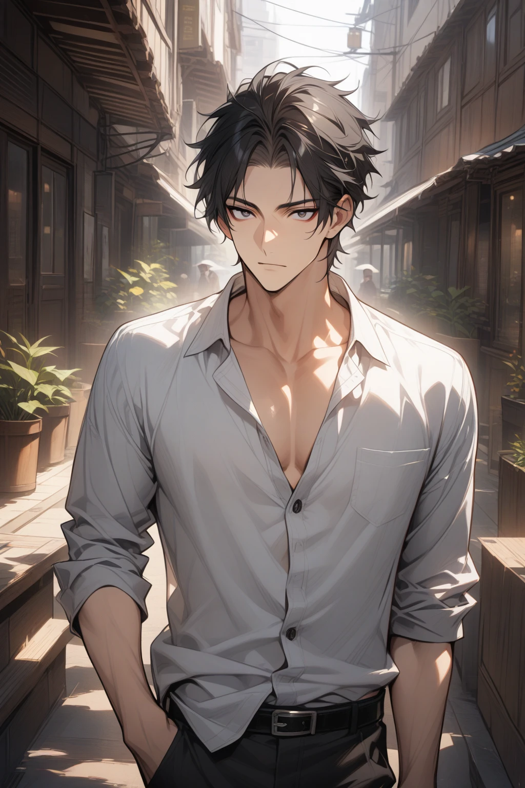 Man, handsome, short black hair, dark eyes, shirt