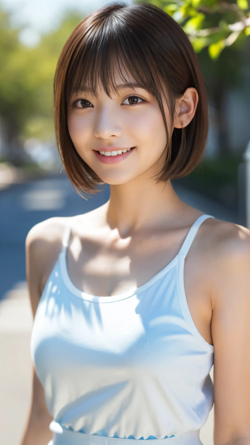 Arafed asian woman with a short brown hair and a white tank top - SeaArt AI