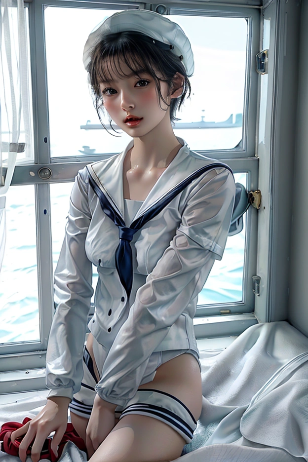 masterpiece,  top quality, 8k,  Photorealistic,  high definition , 1 Female, Alone,  watch viewers, (  detail face ),((White sailor suit))、Super beautiful woman、 erotic short hair、(( itting、 jewelry、Soft beautiful breasts、 sexy look、 realistic skin、Realistic Face, red ribbon, I'm taking off my sailor suit