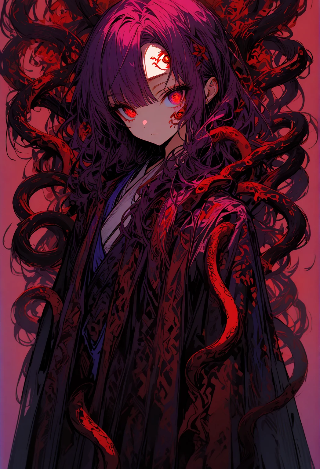 1 girl, beautiful, expressionless, big eyes, hakama skirt, snake, moe sleeves, red spider lilies, sitting, misaligned pupils, snake-like pupils, red eyes, black hair, hair intake, mullet, mismatched pupils, snake pupils, red eyes, black hair, hair intakes, mullet, streaked hair, anime, anime, anime, best quality, masterpiece, best quality, masterpiece