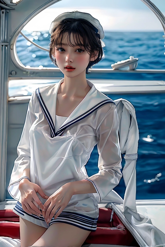 masterpiece,  top quality, 8k,  Photorealistic,  high definition , 1 Female, Alone,  watch viewers, (  detail face ),((White sailor suit))、Super beautiful woman、 erotic short hair、(( itting、 jewelry、Soft beautiful breasts、 sexy look、 realistic skin、Realistic Face, red ribbon, I'm taking off my sailor suit