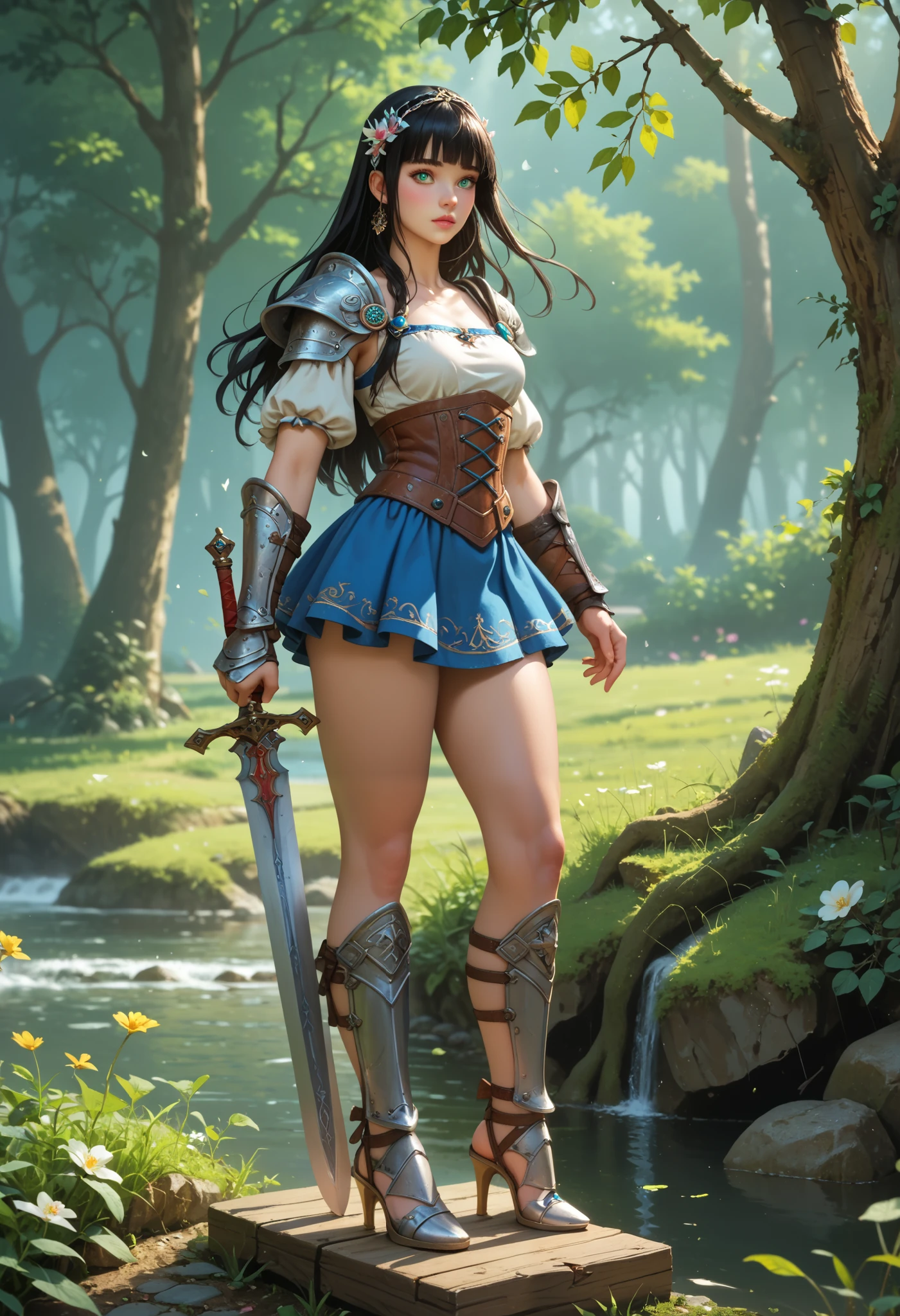 Song Eu-na is a youthful 18 yo female adventurer in a world of medieval high-fantasy story. Her job is warrior. Rocking that luscious long jet-black hair with blunt bangs and deep emerald eyes, she's also sporting a 90-62-100 B-W-H size. Her model long legs with thick thighs are to die for, both literally and figuratively. Her beauty is an epitome of natural, beauty. Her choice of armor are light and a bit revealing, western fantasy-style chest plate, mini skirt, gauntlets, heeled greaves. Sword. High fantasy-like, character for jrpg, masterpiece, best quality,