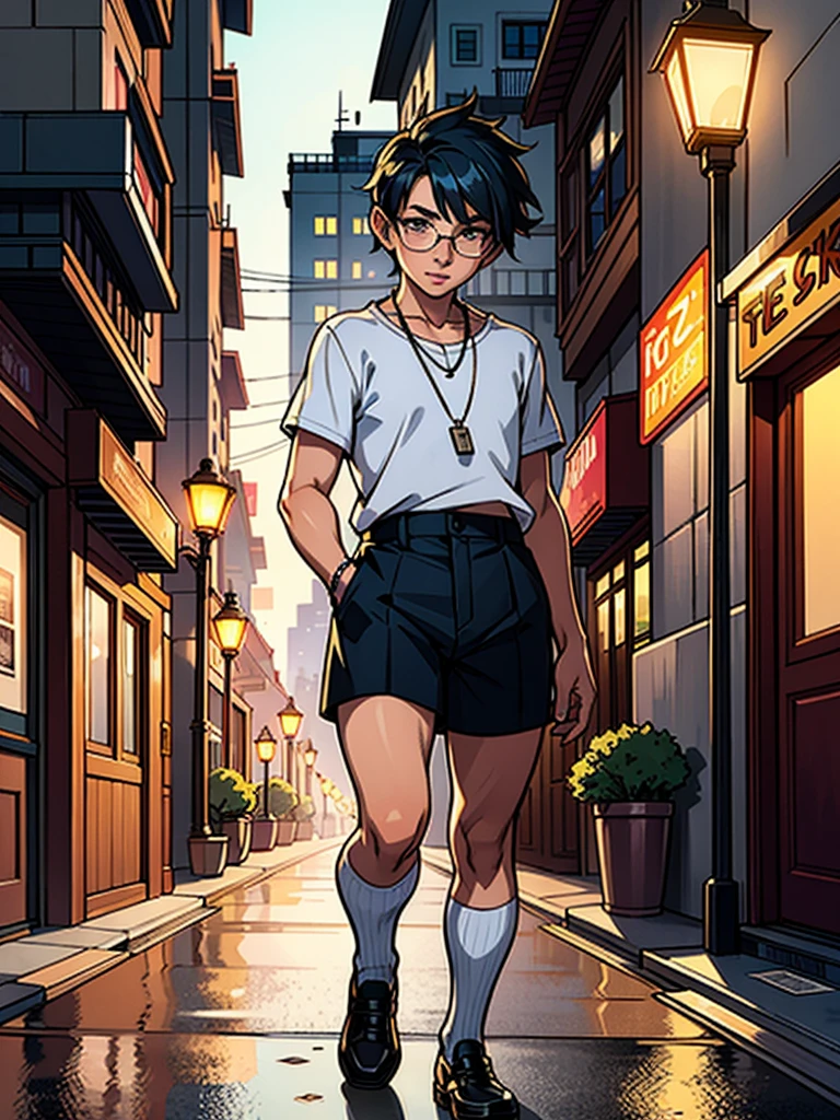 A  androgynous boy with a pixie cut hair is walking in the street at night. The boy is wearing a white crop top, shorts, and white thigh high socks. he has small waist and wears glasses. he also has a necklace around his neck. The scene is bathed in the soft glow of streetlights, creating a mysterious and enchanting atmosphere. The image should be of the best quality, with ultra-detailed features, and a realistic, photorealistic style. The colors should be vivid, with a touch of cool tones to enhance the nighttime ambiance. The lighting should be atmospheric, emphasizing the boy's silhouette and casting intriguing shadows on the surrounding environment.