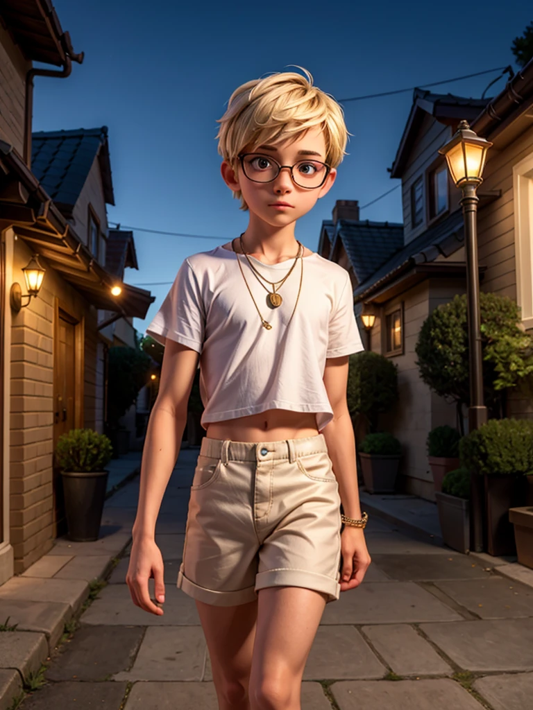 A 13yo androgynous boy with a pixie cut hair is walking in the street at night. The boy is wearing a white crop top, shorts, and white thigh high socks. he has small waist and wears glasses. he also has a necklace around his neck. The scene is bathed in the soft glow of streetlights, creating a mysterious and enchanting atmosphere. The image should be of the best quality, with ultra-detailed features, and a realistic, photorealistic style. The colors should be vivid, with a touch of cool tones to enhance the nighttime ambiance. The lighting should be atmospheric, emphasizing the boy's silhouette and casting intriguing shadows on the surrounding environment.