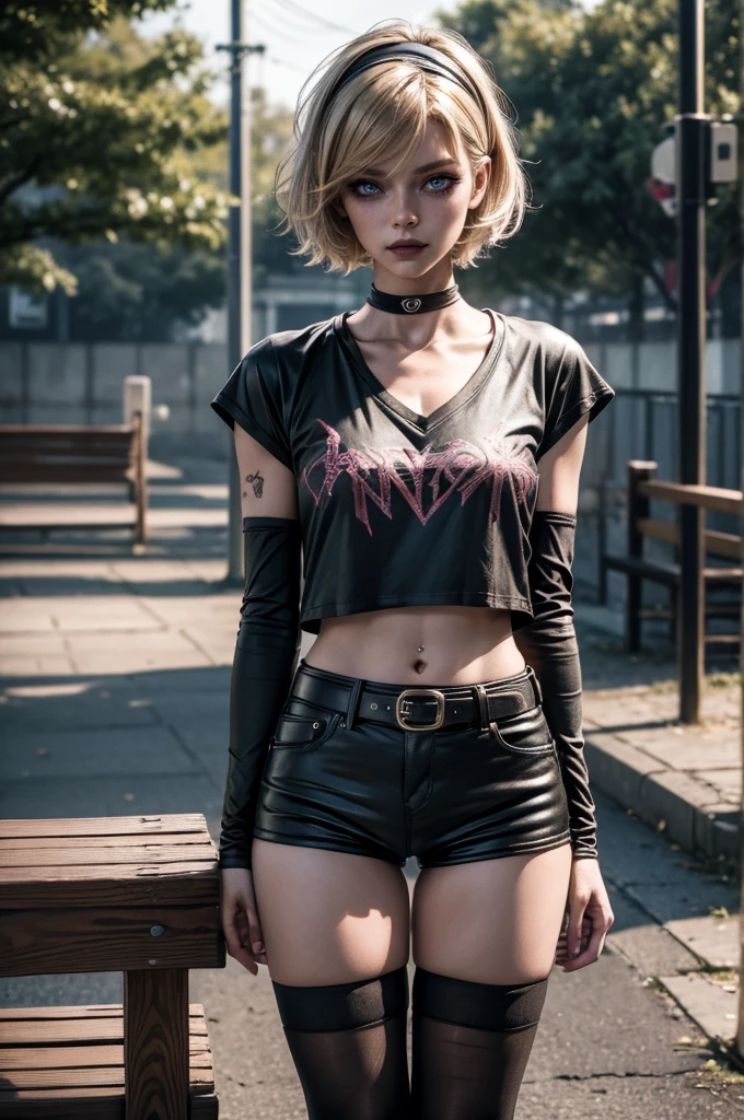 lora_Emma,1 girl, short blond hair, very skinny, tall, punk, small breast, standing up, ((leaning back against bench with arms crossed)), (leather micro hotpants), belt, (((oversized V-neck cotton t-shirt))), ((cotton knee-high socks)), plastic headband, (navel piercing), (cotton lower arm sleeves), shy, tired expression, heavy makeup, intense eyeliner, very dark eyeshadow, black lipstick, very small amounts of midriff exposed, ((dark colored clothing)), (best quality,4k,8k,highres,masterpiece:1.2),ultra-detailed,(realistic,photorealistic,photo-realistic:1.37),gloomy weather,hyperrealistic,vivid colors,detailed facial features,beautiful detailed eyes,beautiful detailed lips,extremely detailed eyes and face,long eyelashes,cinematic lighting,natural setting,detailed background, empty playground background