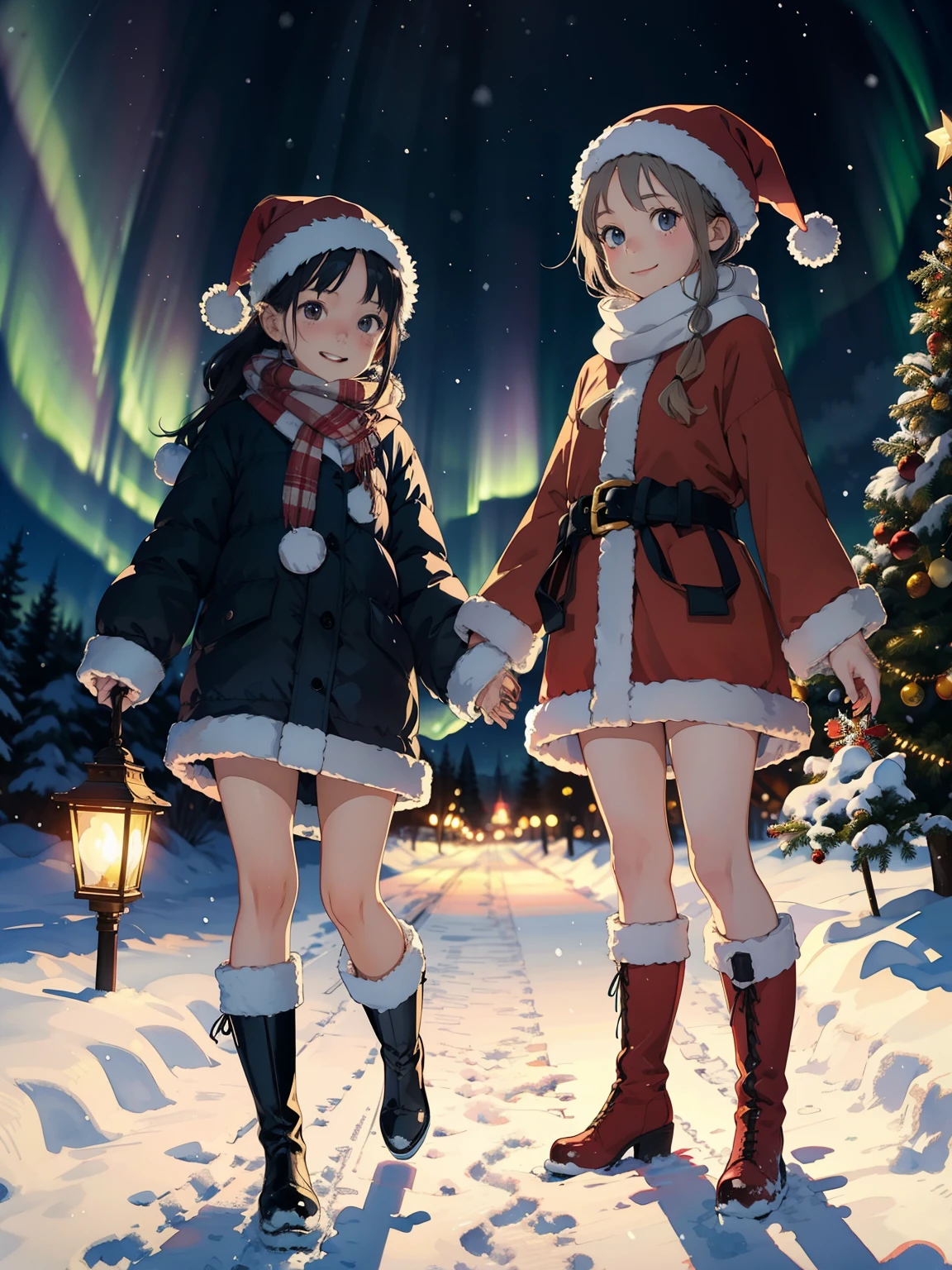    greatest masterpiece ，  top quality， high image quality，(  super flat ，  flat shading )，  fisheye lens，  beautiful petite trained young mother and her very adorable little trained daughter:1.25，  warm scarf，  Santa Claus costume ，Christmas anime style costume  ，(naked)，   long hair，  boots，smile, smile，White Breath:1.2，fun, play, winter, snow, 新snow，dusk，  Beautiful Aurora，Wide angle,   bright color , watercolor,    Ghibli style，Strong winds，  girl&#39;Lure，