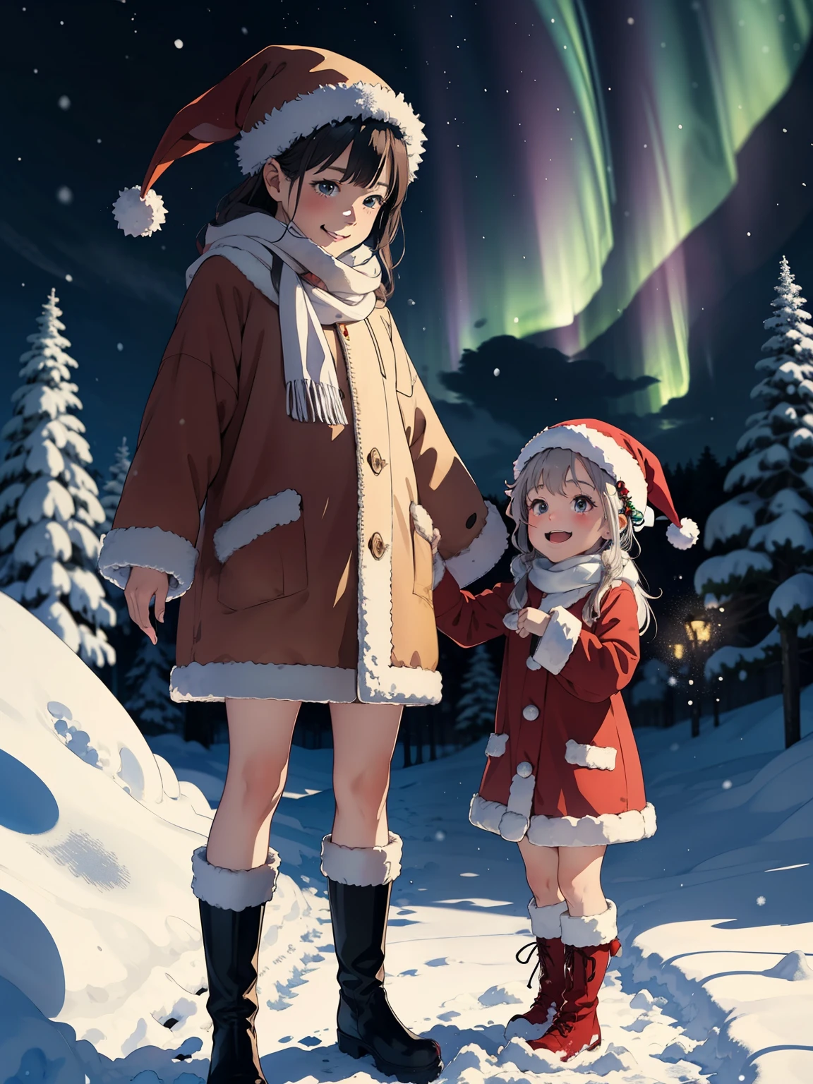    greatest masterpiece ，  top quality， high image quality，(  super flat ，  flat shading )，  fisheye lens，  beautiful petite trained young mother and her very adorable little trained daughter:1.25，  warm scarf，  Santa Claus costume ，Christmas anime style costume  ，(naked)，   long hair，  boots，smile, smile，White Breath:1.2，fun, play, winter, snow, 新snow，dusk，  Beautiful Aurora，Wide angle,   bright color , watercolor,    Ghibli style，Strong winds，  girl&#39;Lure，