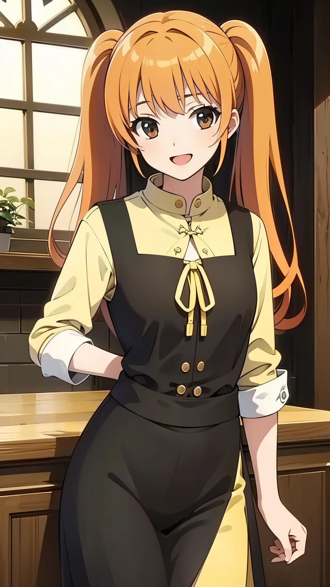 Medieval European style building, Inside the bar, wearing Cleric clothes, have a revolver right hand, break anime style, orange hair1:4, break high bridge1:8, BREAK super straight hair, BREAK long side twin tails1:6, masterpiece,