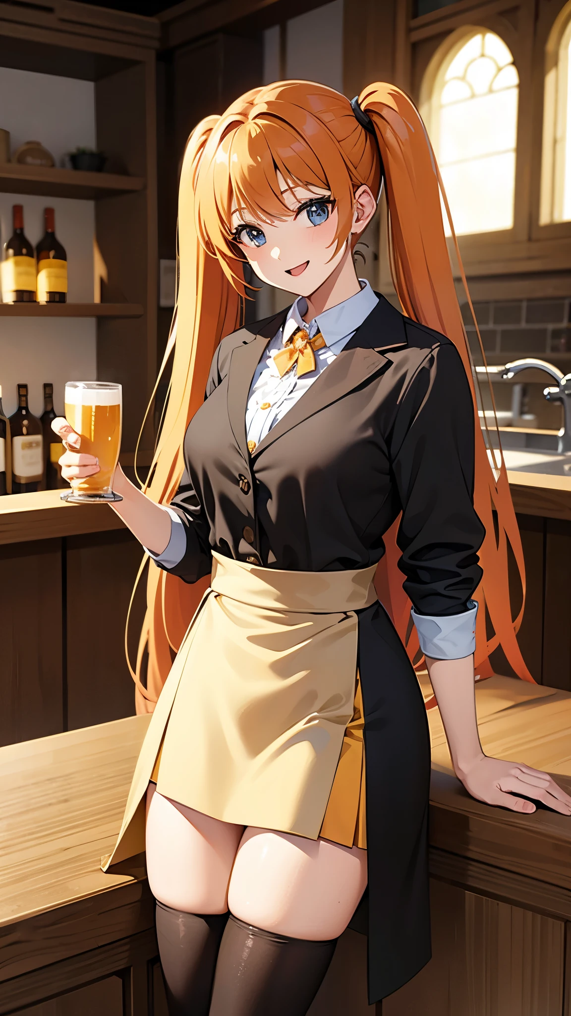 Medieval European style building, Inside the bar, wearing Cleric clothes, have a beer right hand, break anime style, orange hair1:4, break high bridge1:8, BREAK super straight hair, BREAK long side twin tails1:6, masterpiece,