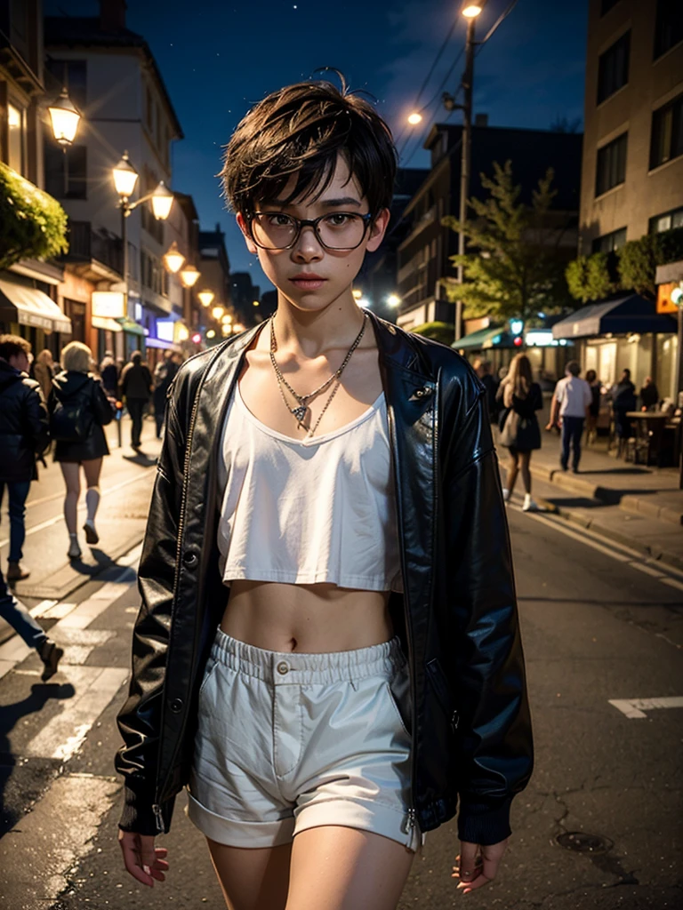 A 13yo androgynous boy with a pixie cut hair is walking in the street at night. The boy is wearing a white crop top, shorts, and white thigh high socks. he has small waist and wears glasses. he also has a necklace around his neck. The scene is bathed in the soft glow of streetlights, creating a mysterious and enchanting atmosphere. The image should be of the best quality, with ultra-detailed features, and a realistic, photorealistic style. The colors should be vivid, with a touch of cool tones to enhance the nighttime ambiance. The lighting should be atmospheric, emphasizing the boy's silhouette and casting intriguing shadows on the surrounding environment. a femboy