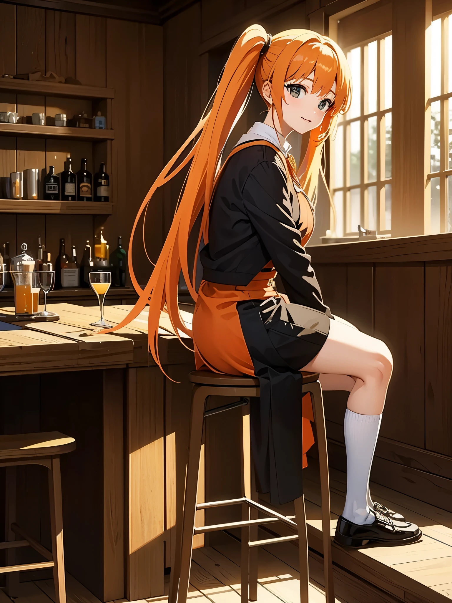 Medieval European style building, Inside the bar, wearing Cleric clothes, have a beer right hand, from side, focus face, break anime style, orange hair1:4, break high bridge1:8, BREAK super straight hair, BREAK long side twin tails1:6, masterpiece,