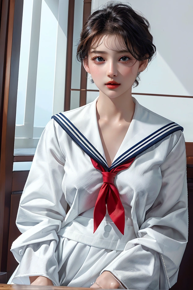 masterpiece,  top quality, 8k,  Photorealistic,  high definition , 1 Female, Alone,  watch viewers, (  detail face ),((White sailor suit))、Super beautiful woman、 erotic short hair、(( itting、 jewelry、 sexy look、 realistic skin、Realistic Face, red ribbon, cute