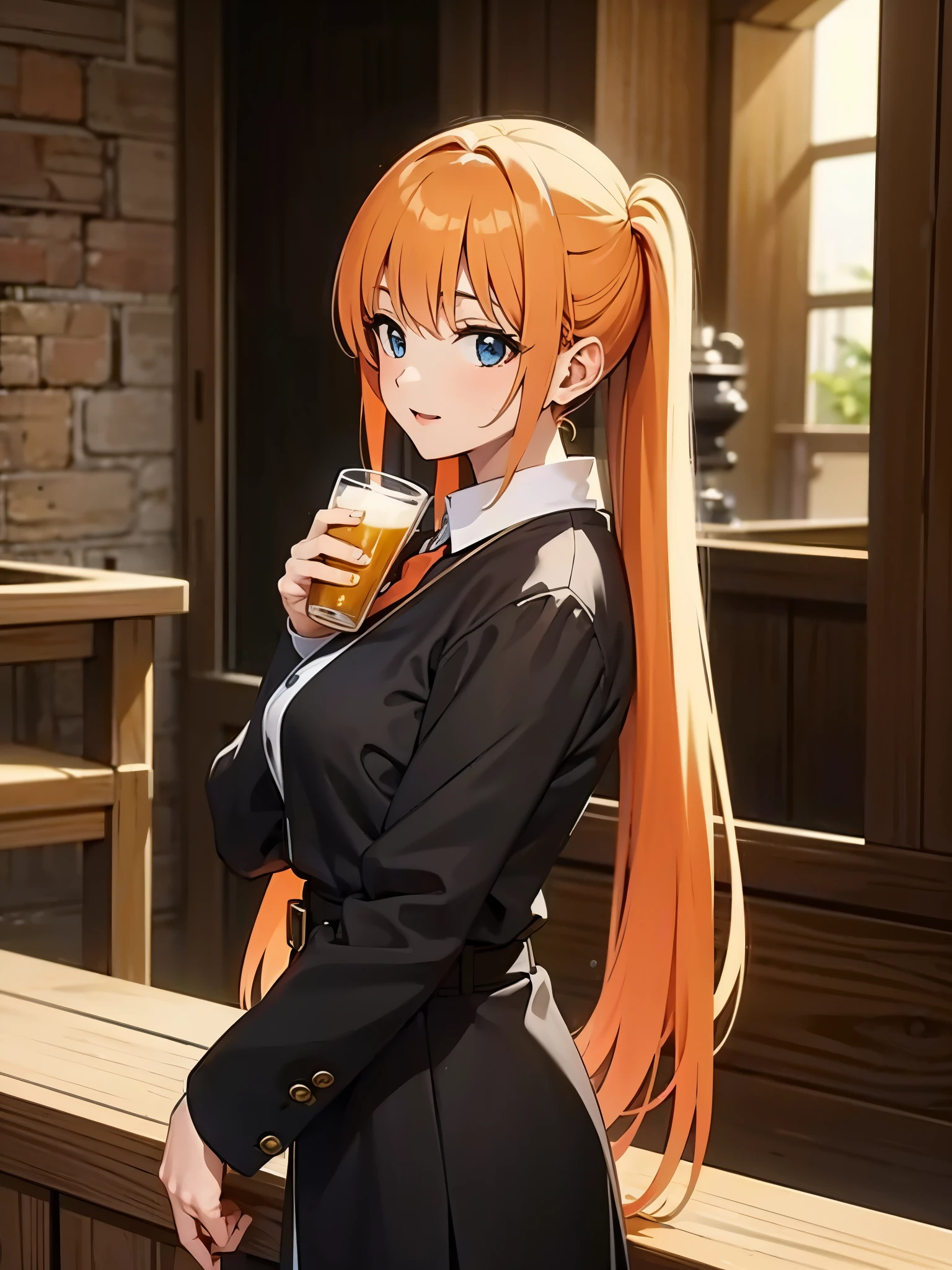 Medieval European style building, Inside the bar, wearing Cleric clothes, drinking beer right hand, from side, focus face, break anime style, orange hair1:4, break high bridge1:8, BREAK super straight hair, BREAK long side twin tails1:6, masterpiece,