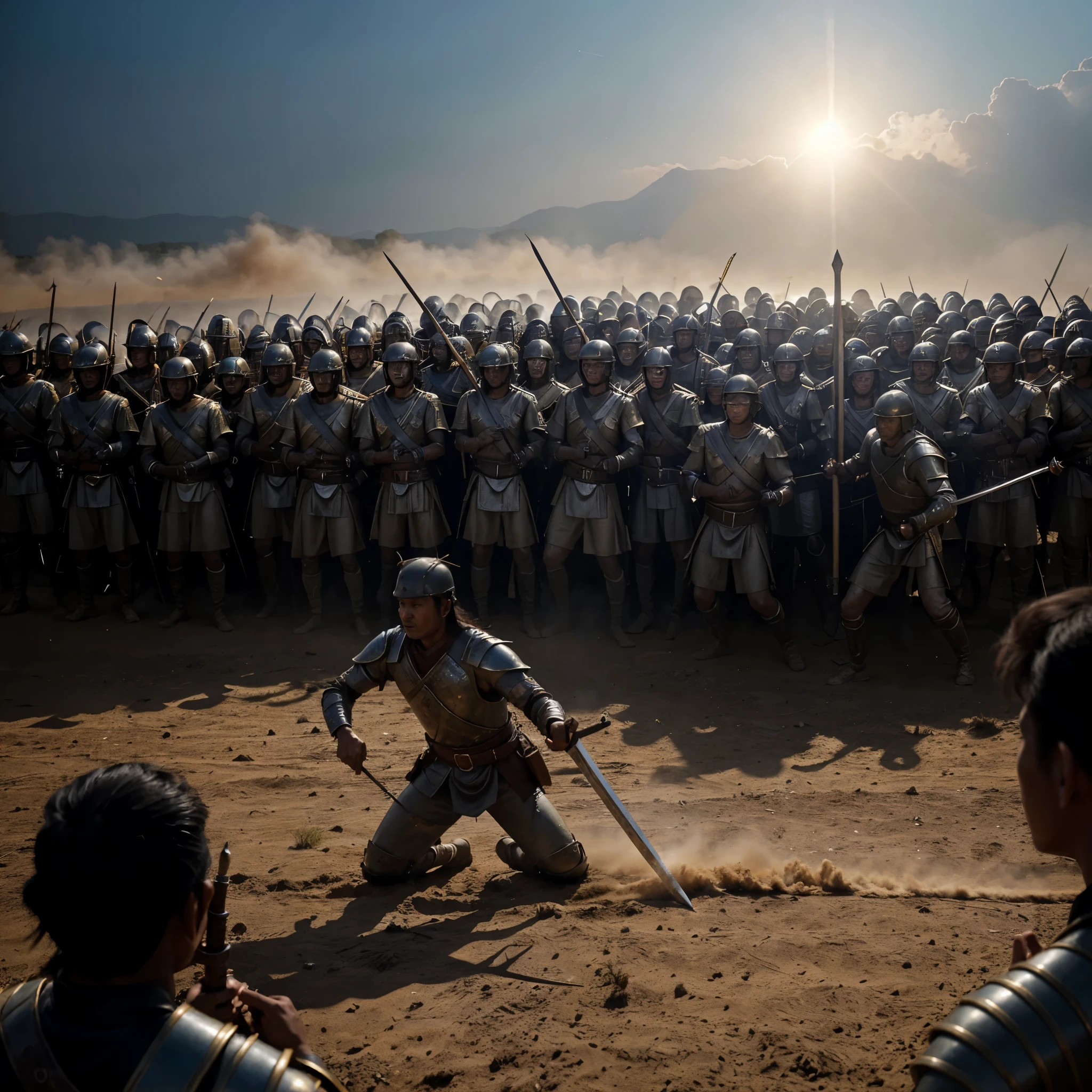 army of ancient Thai swordmen and horsemen scuffle fighting, some hold a spear and some hold a sword, the war dust and smoke flow over the battlefield, dramatic tone, smoky war dust, Anatomically Correct, Best Quality, Masterpiece, High Resolution, Facepaint, Motion Lines, evening light