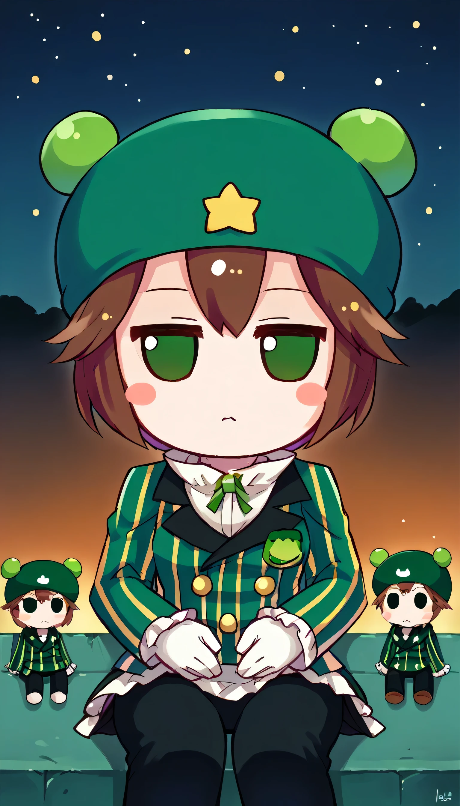 fumo \(doll\), chibi, sitting,, night, sky, star,Ribitta, green headwear, empty eyes, blush stickers Green jacket, striped jacket, frills, black pants, white gloves,  