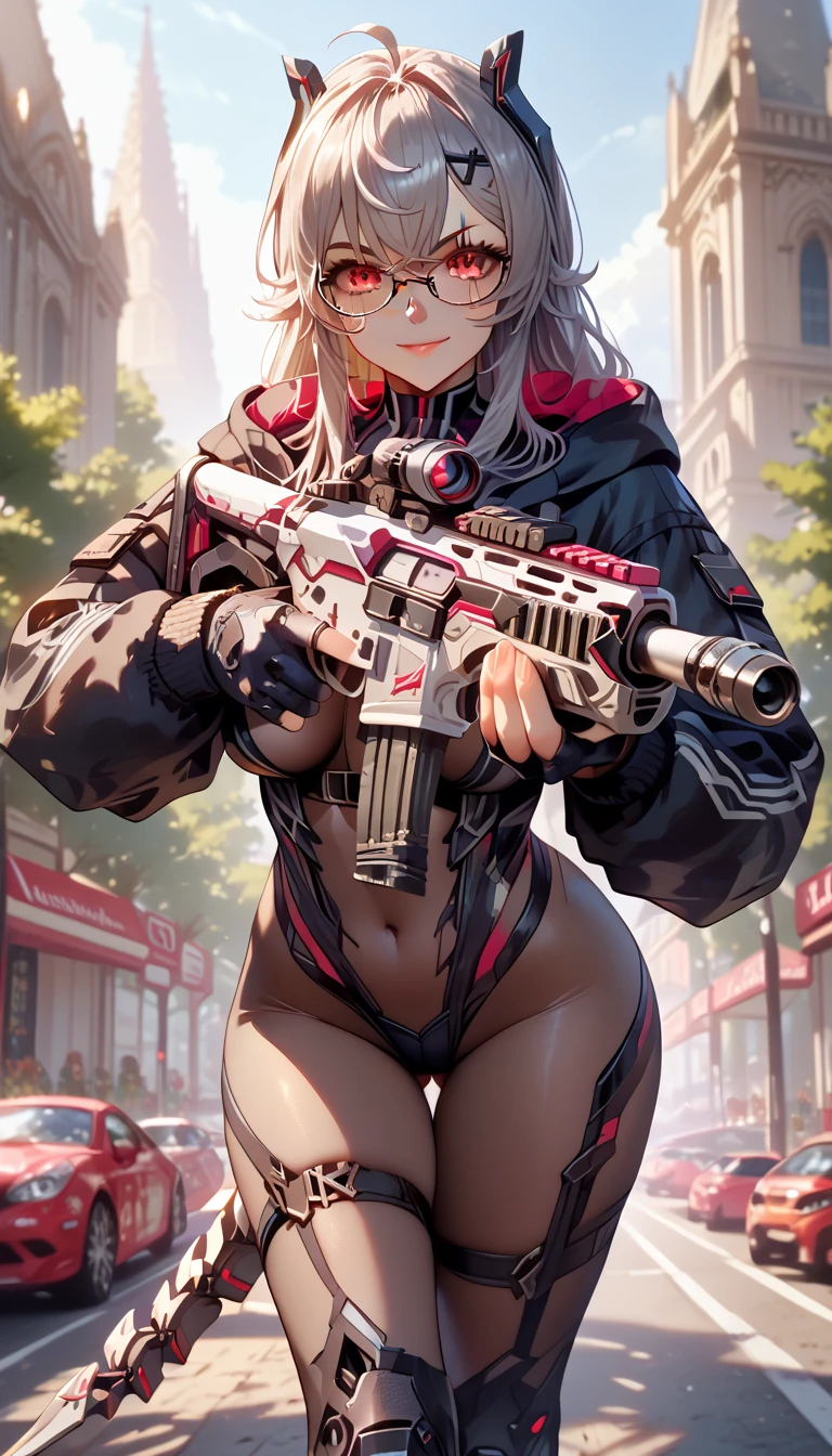 ultra-detailed, 1girl, solo, SarueiDefault, (masterpiece)), (best quality), (highres), 16K, grey hair, glasses, scar across eye, long hair, headgear, cropped hoodie, black hoodie, bodystocking, black bodysuit, power suit, fingerless gloves, mechanical tail, busty body, large breasts and a beautiful ass, showcasing cleavage, legs, hips, (holding assault rifle), looking at viewer, detailed face, smile, detailed hair, detailed full body, street background