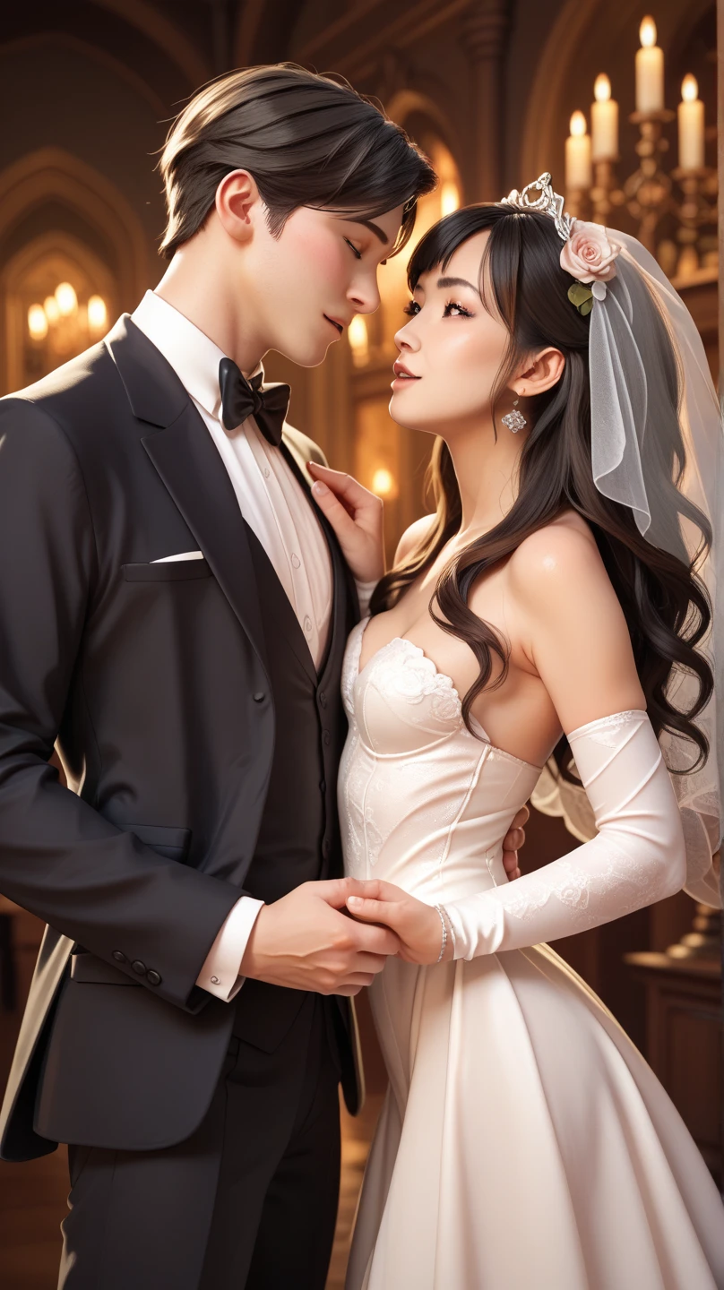 (1 female)、(one male individual:1.1)、(Super beautiful)、(beauitful face:1.5)、(A detailed face:1.4)、(The bridegroom spreads the bride's legs:1.3)、(White panties are visible)、(The groom touches the bride's crotch)、(Bride sitting on a chair at the reception)、(She is wearing a prom dress with a miniskirt)、(The bridegroom in a white suit:1.2)、(Bare legs)、(At SFW)