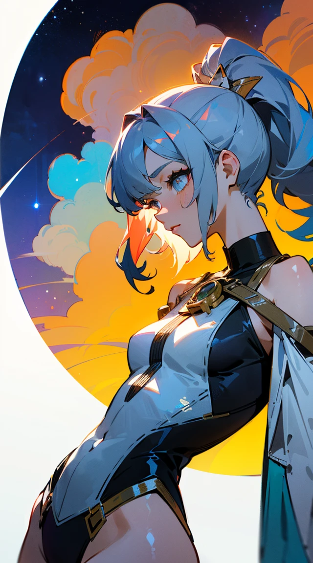 ((Best Quality)), ((masterpiece)), (detailed), 1 girl, White hair, voluptuous body, with a short dress, looking up at the moon on a star-filled night.