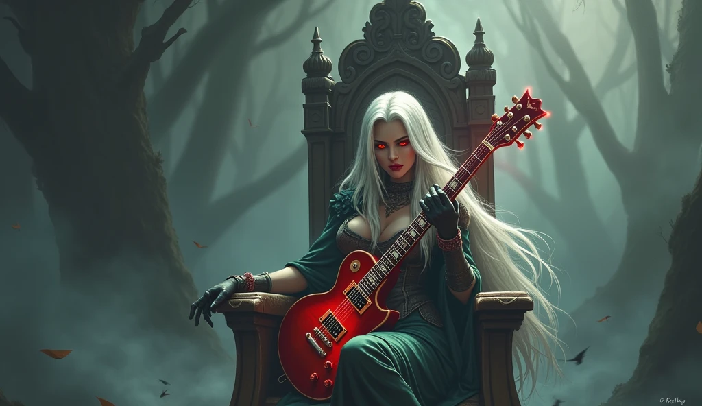 Sylvanas Windrunner, the legendary leader of the Forsaken, sits on a dark wooden throne, surrounded by an aura of mystery and magic. In her hands, she holds a vibrant red guitar, its strings seemingly pulsing with unearthly energy. Her eyes, burning with an otherworldly intensity, stare directly at the viewer, as if daring them to come closer. Her long, white hair falls over her shoulders, framing her pale, ethereal face. Her lips, painted a deep red, curve in an enigmatic smile, as if guarding secrets known only to her. The guitar, which appears to have been created by magical hands, emits an intense red light that illuminates the environment around it. The strings vibrate with an energy that seems almost palpable, as if they are alive and responding to Sylvanas’ touch. In the background, a dark and mysterious mist spreads, as if the night itself is closing in around Sylvanas. The atmosphere is charged with tension and anticipation, as if something is about to happen.

The image is a mix of shadows and light, of mystery and magic, capturing the essence of Sylvanas Windrunner as an enigmatic and powerful creature.