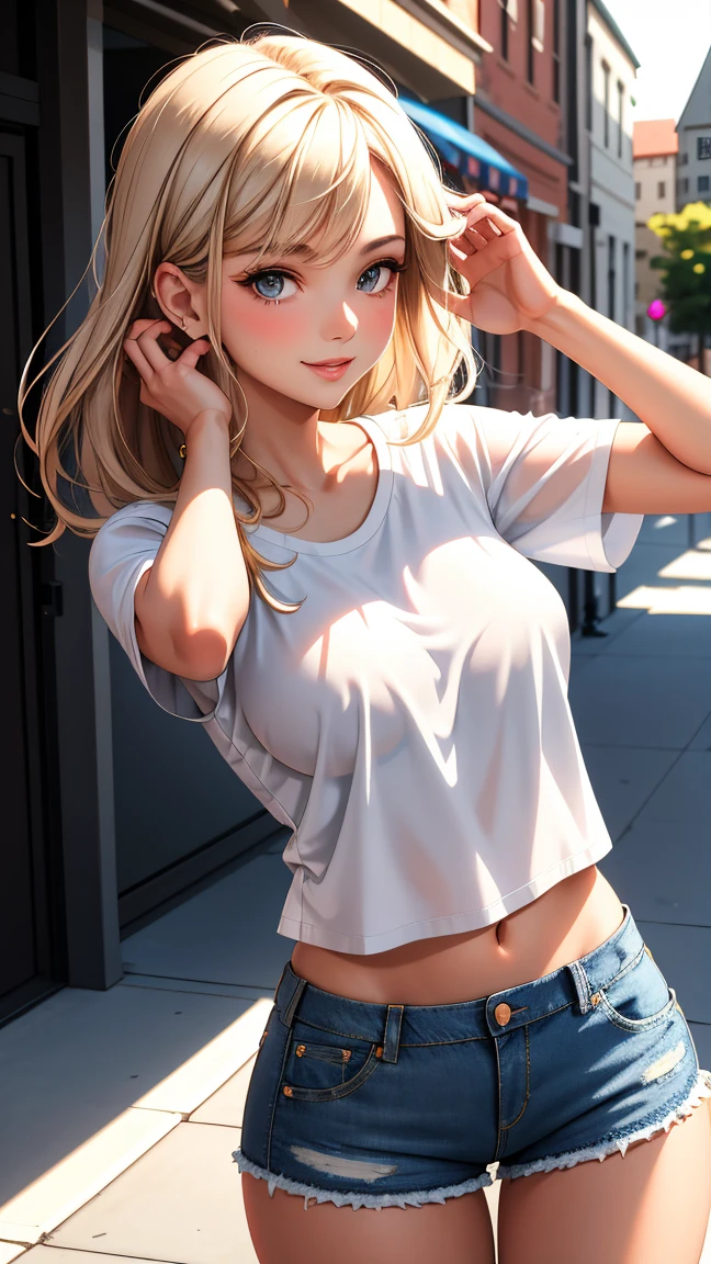 masterpiece, best quality, 1girl, very curly hair, blonde hair, shiny hair, medium breasts, narrow waist, looking at viewer, glossy lips, good lighting, latifa fleuranza, light smile, city street, jeans, v-neck t-shirt