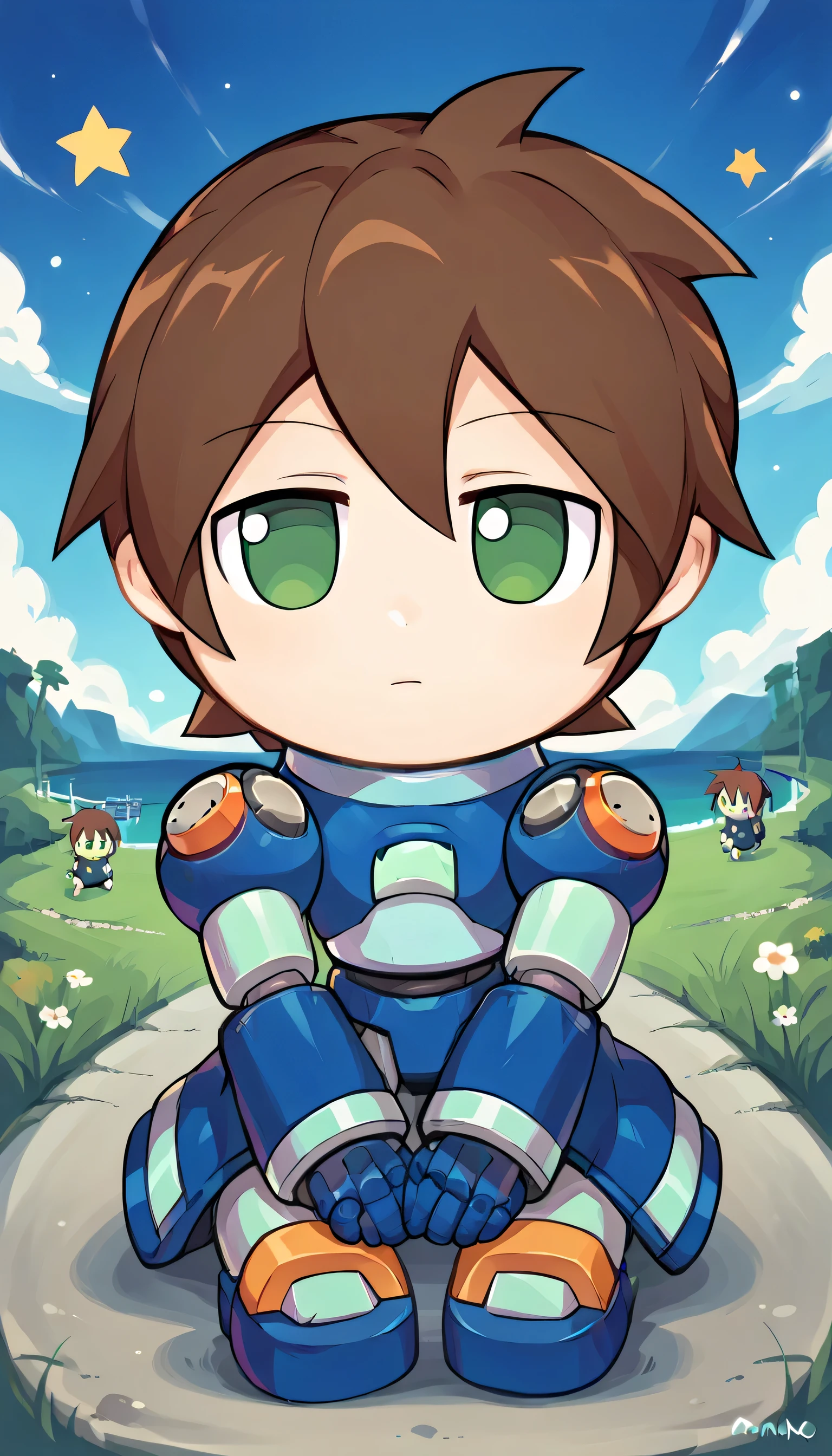 fumo \(doll\), chibi, sitting,, night, sky, star,1boy, m3g4m4n, male focus, brown hair, green eyes, solo, android, hair between eyes