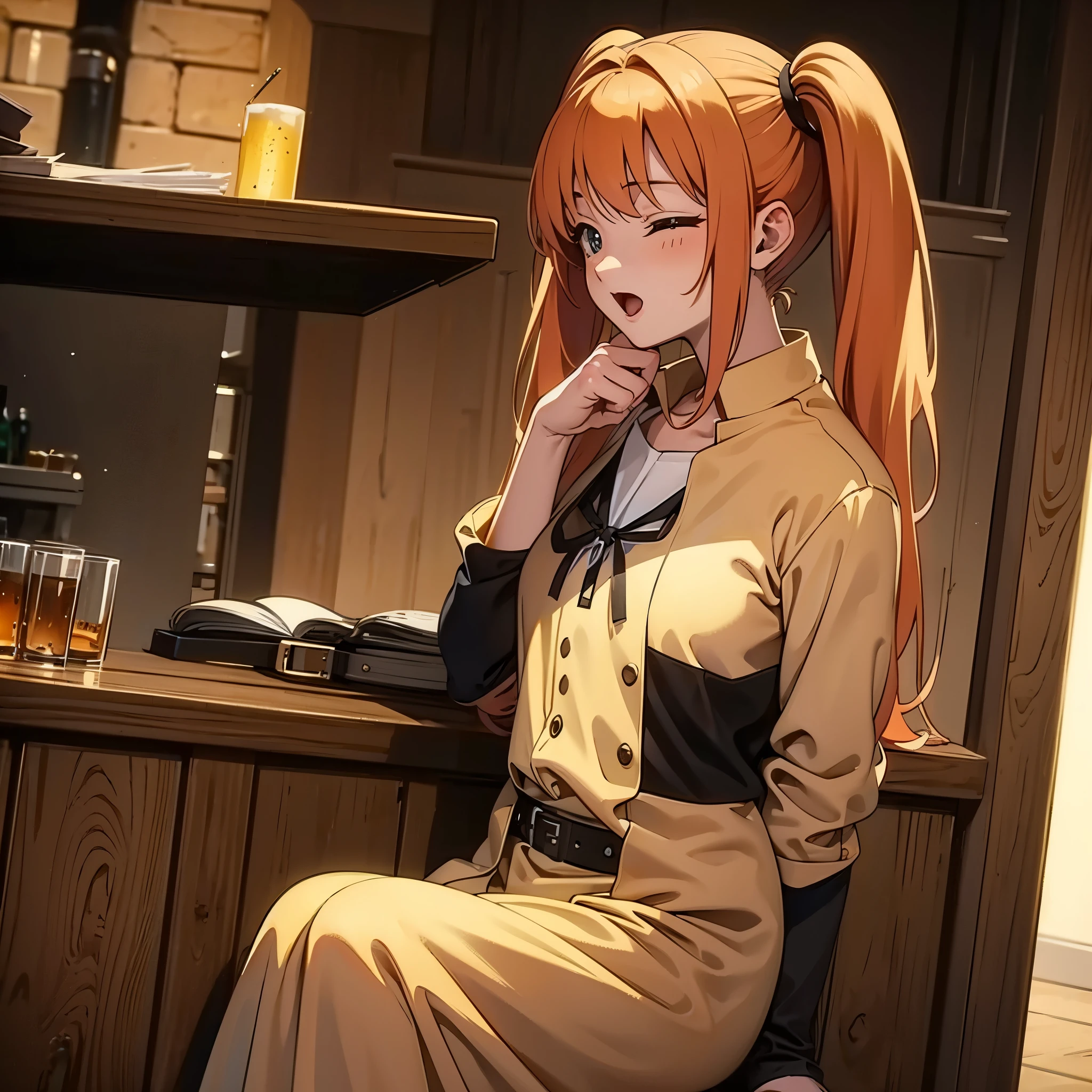 Medieval European style building, Inside the bar, wearing Cleric clothes, drinking beer right hand, open mouth, close eyes, drunk from side, focus face, break anime style, orange hair1:4, break high bridge1:8, BREAK super straight hair, BREAK long side twin tails1:6, masterpiece,