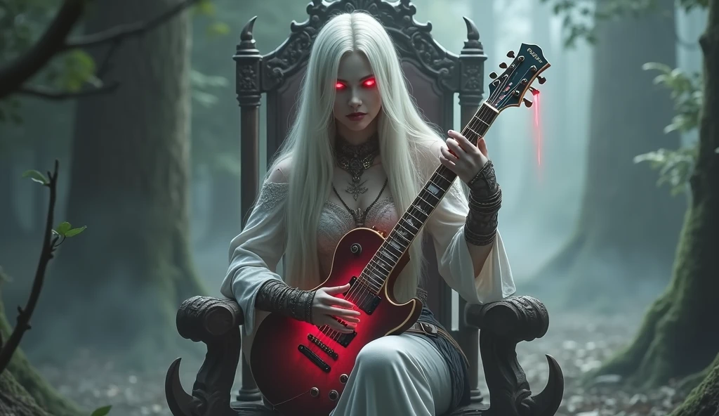 Sylvanas Windrunner, the legendary leader of the Forsaken, sits on a dark wooden throne, surrounded by an aura of mystery and magic. In her hands, she holds a vibrant red guitar, its strings seemingly pulsing with unearthly energy. Her eyes, burning with an otherworldly intensity, stare directly at the viewer, as if daring them to come closer. Her long, white hair falls over her shoulders, framing her pale, ethereal face. Her lips, painted a deep red, curve in an enigmatic smile, as if guarding secrets known only to her. The guitar, which appears to have been created by magical hands, emits an intense red light that illuminates the environment around it. The strings vibrate with an energy that seems almost palpable, as if they are alive and responding to Sylvanas’ touch. In the background, a dark and mysterious mist spreads, as if the night itself is closing in around Sylvanas. The atmosphere is charged with tension and anticipation, as if something is about to happen.
The image is a mix of shadows and light, of mystery and magic, capturing the essence of Sylvanas Windrunner as an enigmatic and powerful creature.