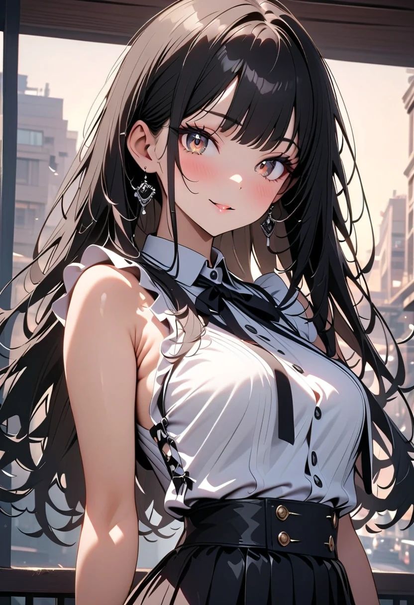 1 girl, (Portrait of a beautiful japanese girl), detailed beautiful face, bangs, long hair, (charcoal black hair), shiny hair, beautiful eyes, (dark brown eyes), light reflecting in the eyes, (finely detailed beautiful eyes: 1.3), double eyelids, (eyelash: 1.2), (eye shadow: 1.2), smiling, seductive expression, blush, medium breasts, cute pose, (black pleated skirt, sleeveless collared white shirt, frills, virgin killer outfit, jirai kei), sunset, on the terrace of a fashionable cafe in the city, shallow depth of field, BREAK, (cowboy shot, from front, looking at viewer:1.3, face focus), deep depth of field, stunning, fascinating, enchanting, broad lighting, cinematic composition, (very detailed, ultra-high resolution, absurdres, highres, masterpiece, best quality, very aesthetic, fine texture, newest, anatomically correct, perfect hands, 8k),