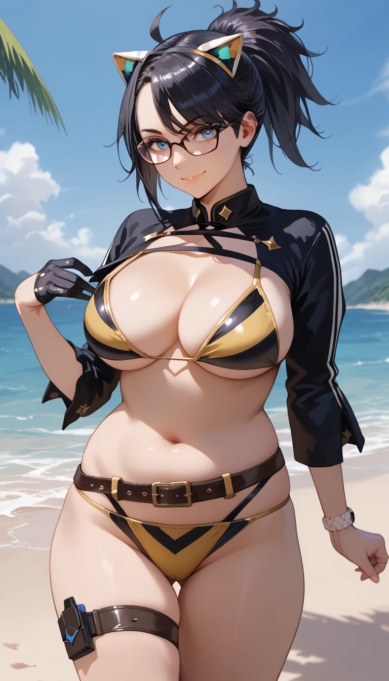 ultra-detailed, 1girl, solo, KsonBikini, (masterpiece)), (best quality), (highres), 16K, black hair, blue eyes, ponytail, glasses, plump, fake animal ears, shrug \(clothing\), two-tone bikini, yellow bikini, black bikini, belt, black gloves, single glove, thigh strap, busty body, large breasts and a beautiful ass, showcasing cleavage, legs, hips, looking at viewer, detailed face, smile, detailed hair, detailed body, beach background