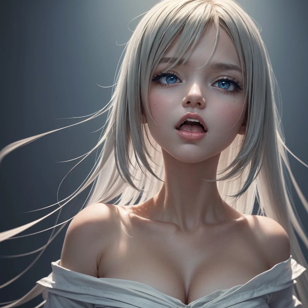 (((masterpiece))), (((best quality))), ((ultra-detailed)), (hyperrealistic), (highly detailed CG illustration), ((extremely delicate and beautiful)), sharp, cinematic light, 1girl, solo, graceful and enchanting figure, radiating an aura of elegance, intricate facial features, mesmerizing eyes with vibrant colors and delicate shading, white hair, (ahegao:1.4), (ahg:1.2), climax face, (rolling eyes:1.4), (reaching the climax:1.4), DDbitlip, clothing with elaborate patterns, flowing fabrics and rich textures, off shoulder, off-the-shoulder, reflecting a blend of fantasy and contemporary fashion, downblouse, environment showing mystical realm filled with magical elements, vibrant colors, dynamic lighting, detailed background elements to create a sense of depth and immersion , latest trends in anime art, lighting effects, from the top artists on ArtStation and their exceptional execution of various art styles and themes , (cowboy shot:1.4), high-resolution artwork to showcase intricate details and clarity