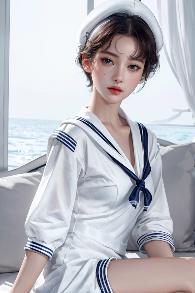 masterpiece,  top quality, 8k,  Photorealistic,  high definition , 1 Female, Alone,  watch viewers, (  detail face ),((White sailor suit))、Super beautiful woman、 erotic short hair、(( itting、 jewelry、 sexy look、 realistic skin、Realistic Face, red ribbon, cute