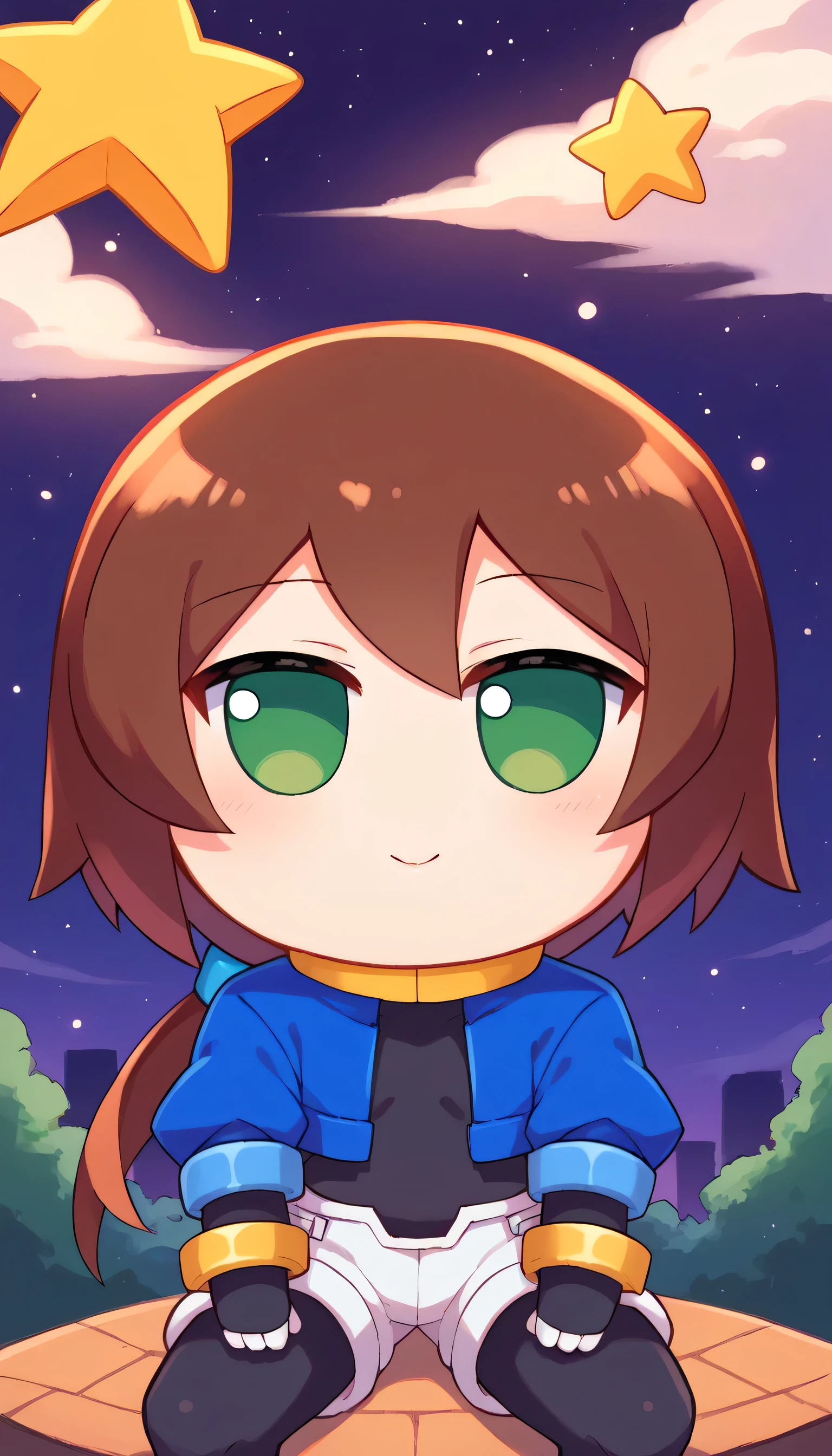 fumo \(doll\), chibi, sitting,, night, sky, star,ailezxa,green eyes,brown hair,robot ears,low ponytail Clothes:cropped jacket,blue jacket,short sleeves,layered sleeves,gloves,bodysuit,bodystocking,legwear under shorts,shorts,short over long sleeves